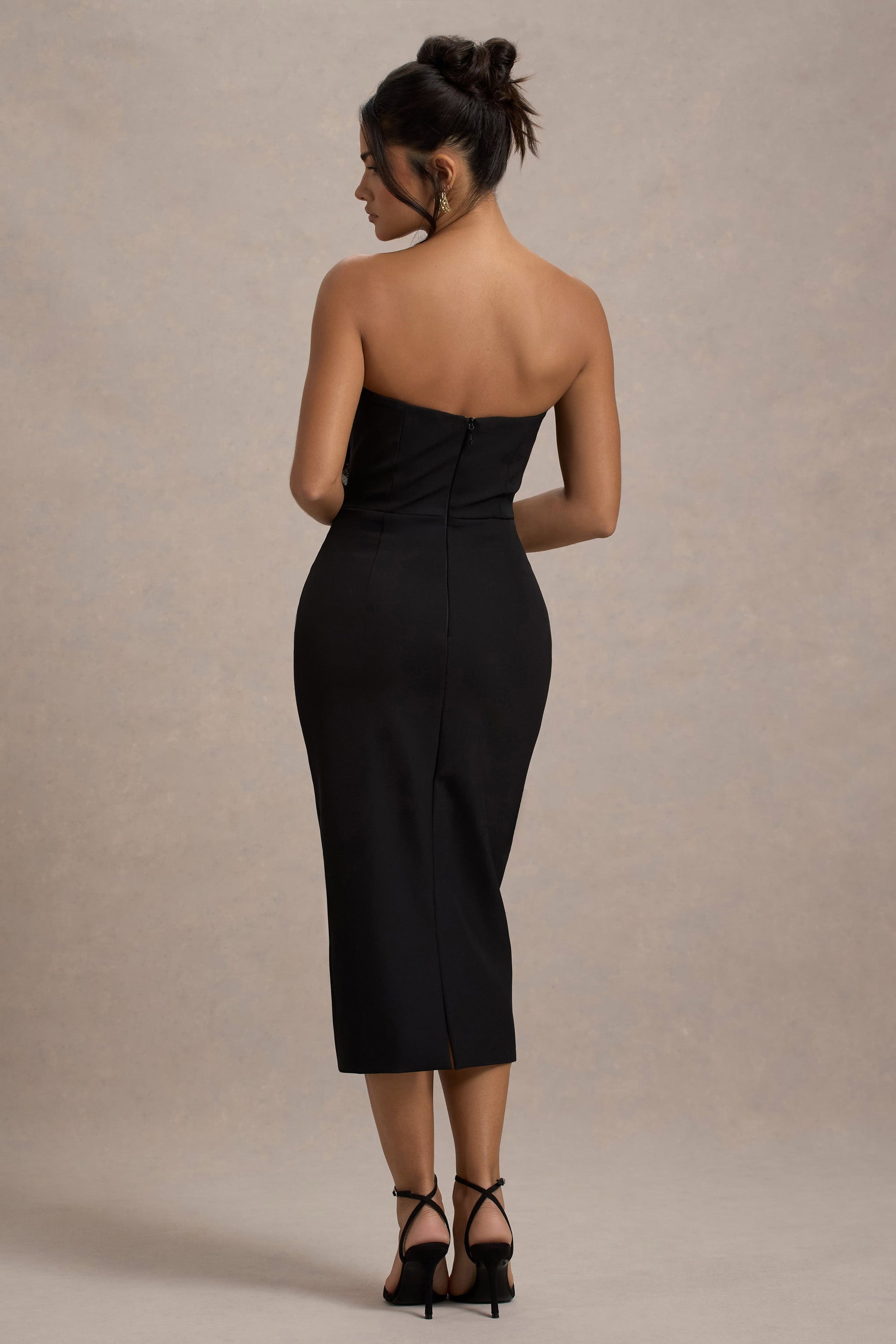 Moya | Black & Gold Bodycon Midi Dress With Corsage Detail - Club L 