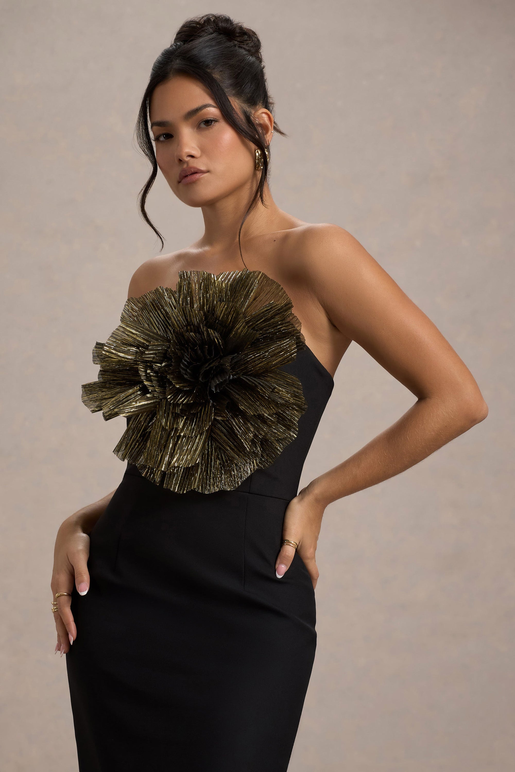 Moya | Black & Gold Bodycon Midi Dress With Corsage Detail - Club L 