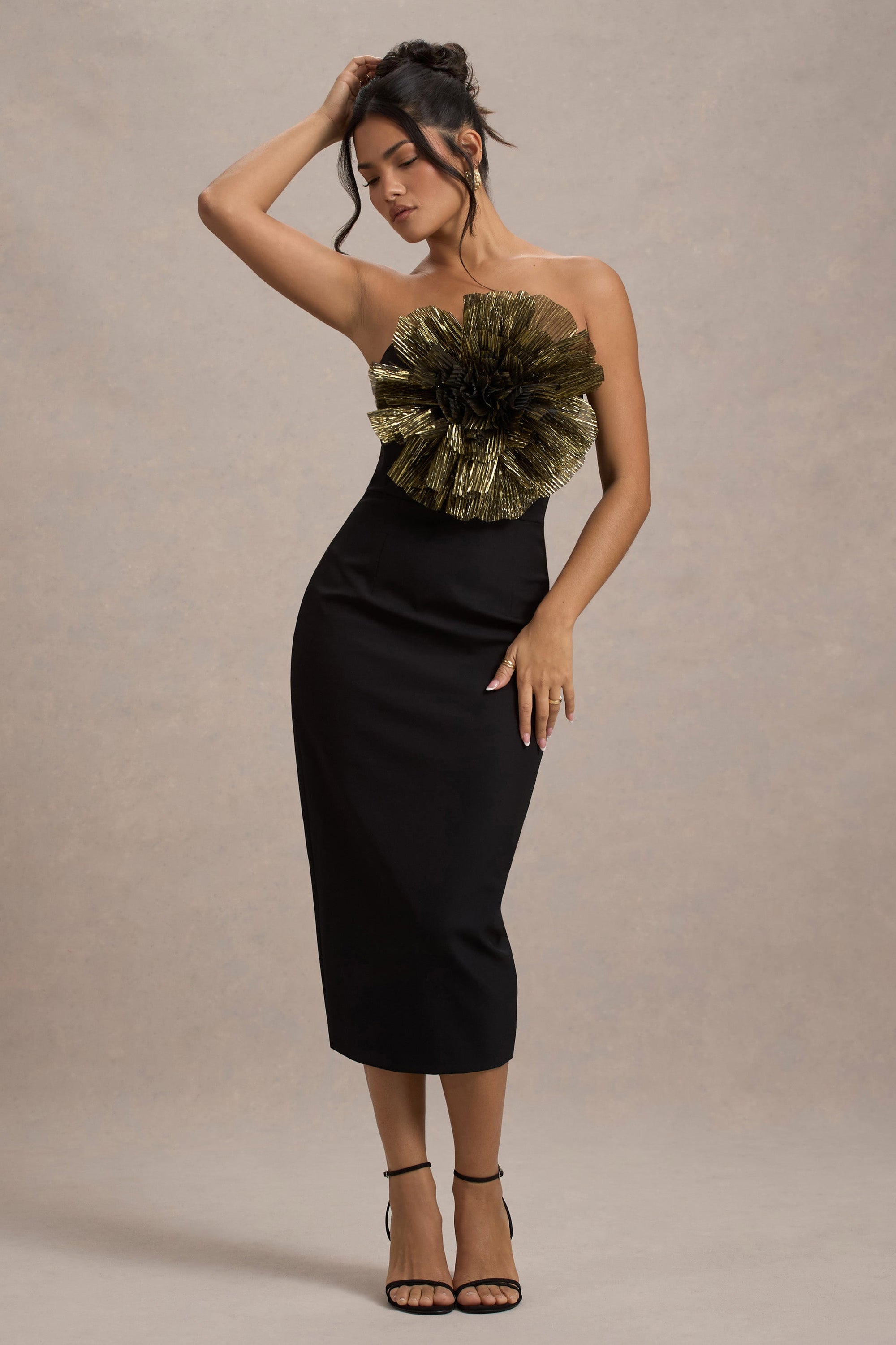 Moya | Black & Gold Bodycon Midi Dress With Corsage Detail - Club L 