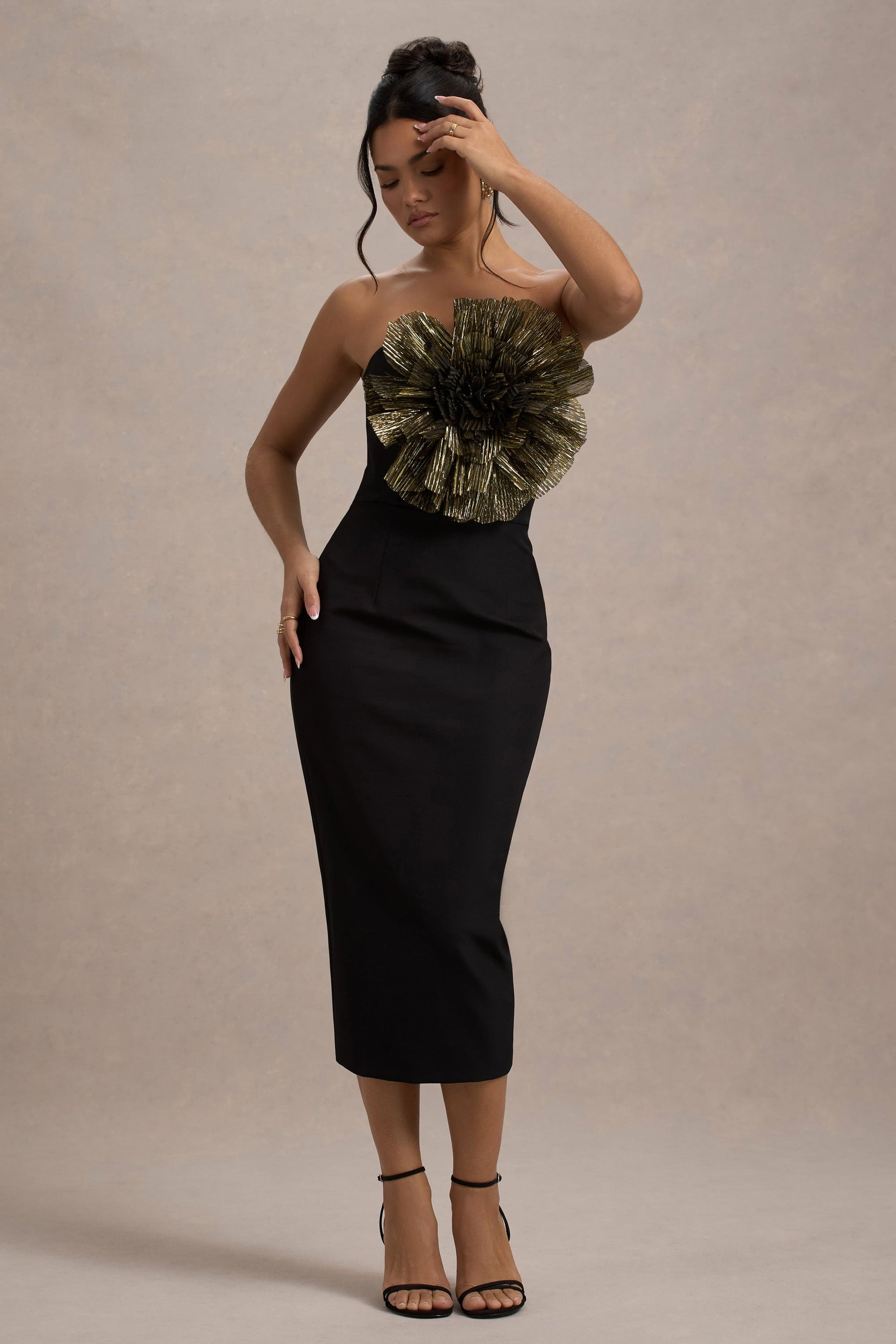 Moya | Black & Gold Bodycon Midi Dress With Corsage Detail - Club L 
