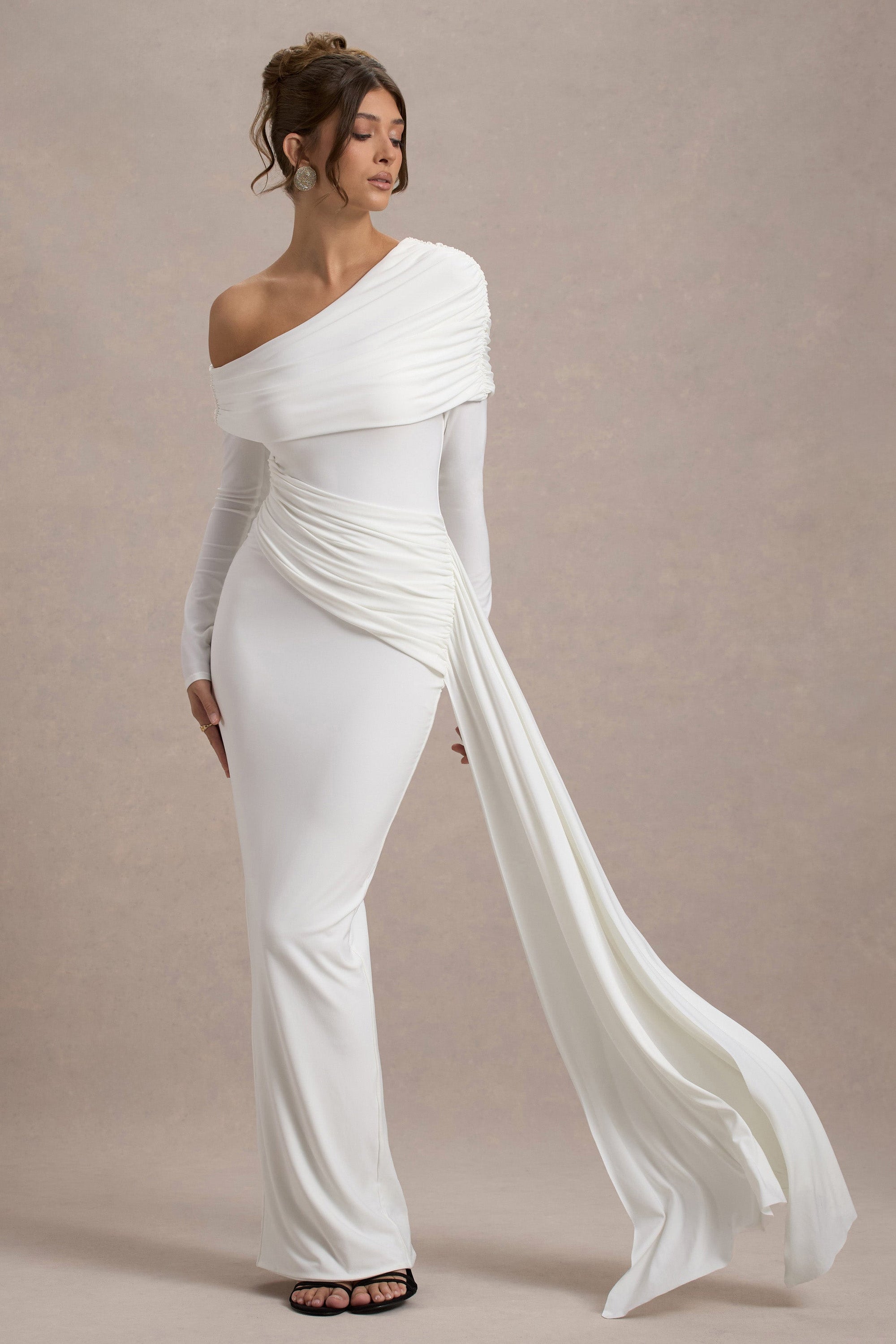 Valina | White Ruched Asymmetric Maxi Dress With Drape - Club L 