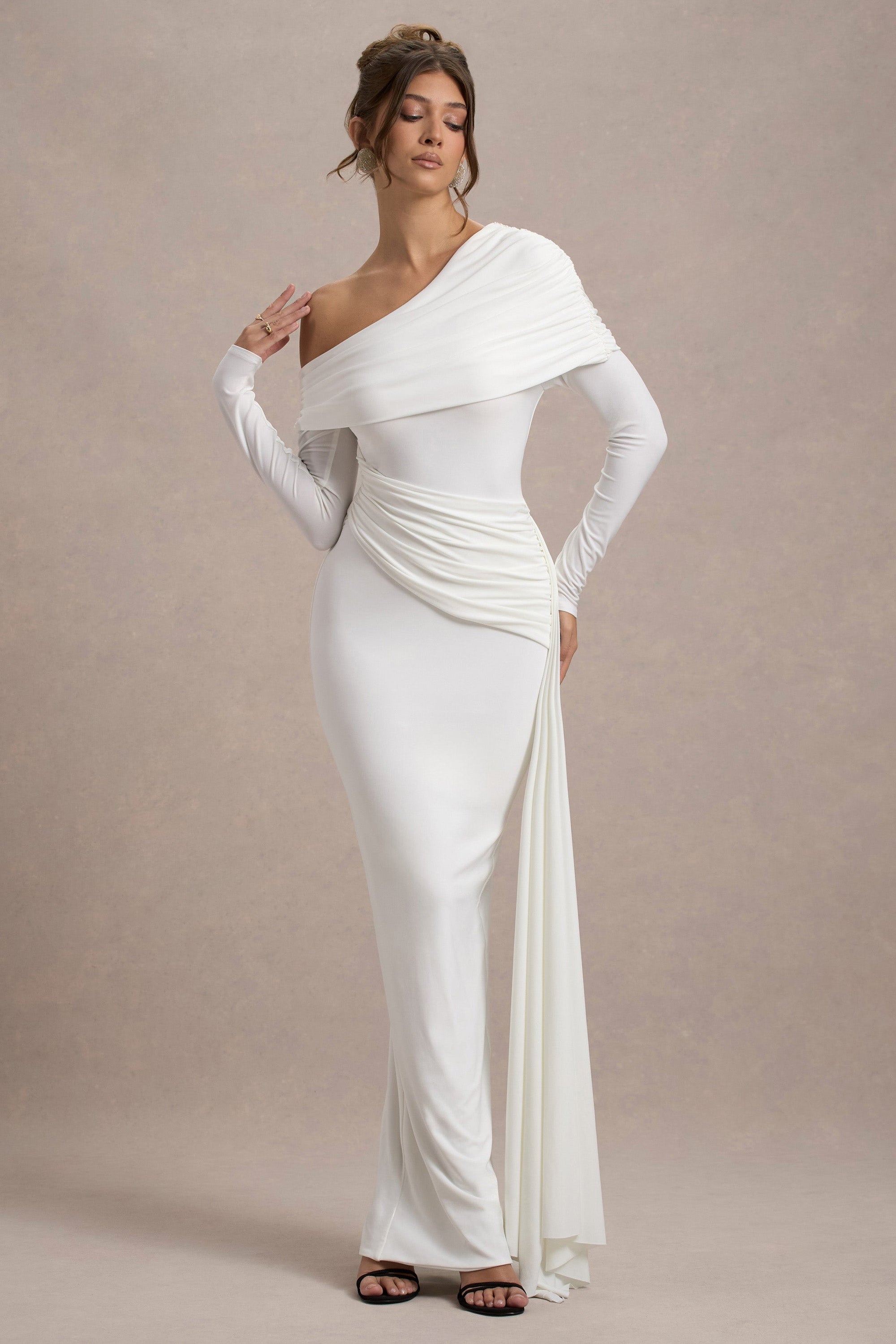 Valina | White Ruched Asymmetric Maxi Dress With Drape - Club L 