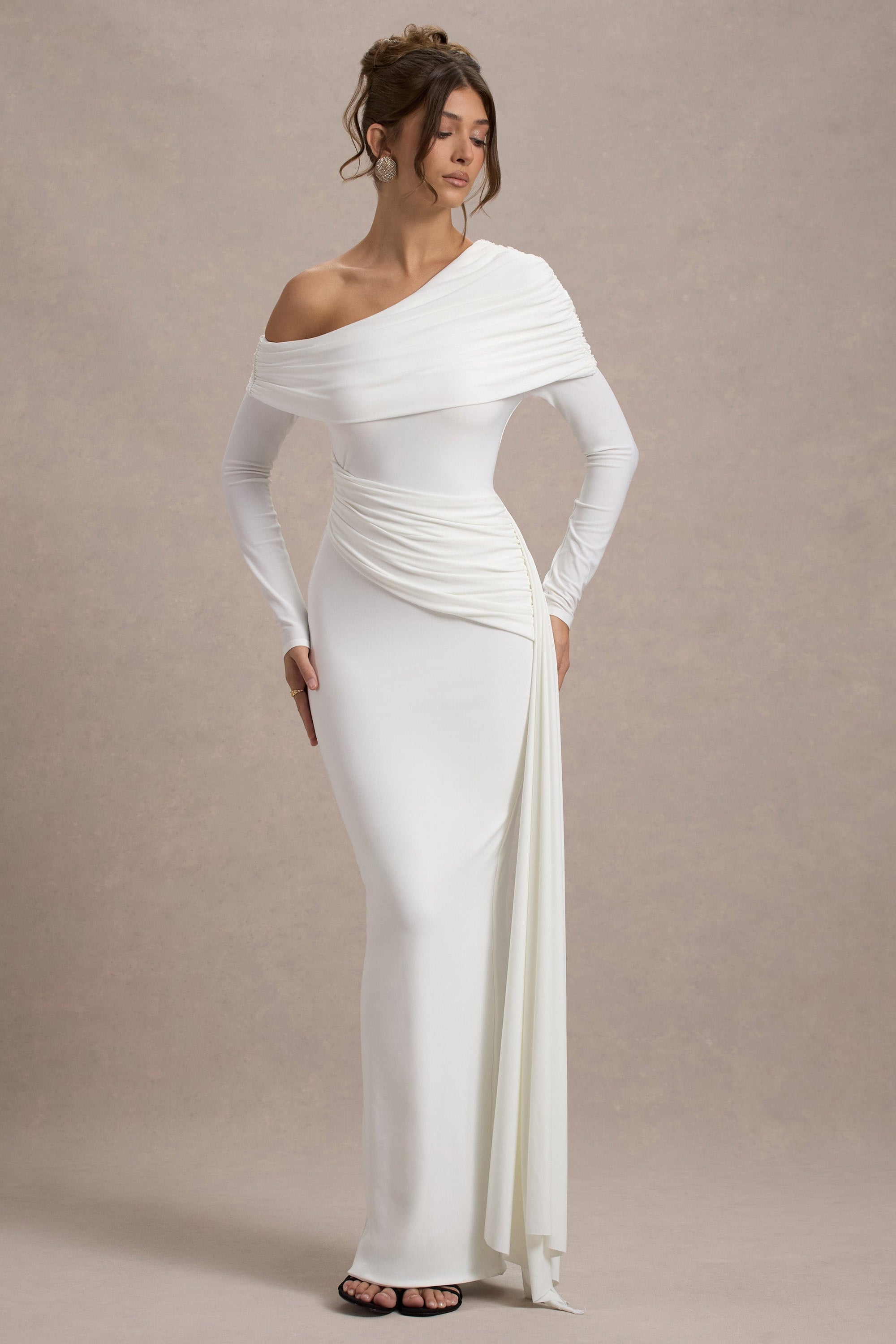 Valina | White Ruched Asymmetric Maxi Dress With Drape - Club L 