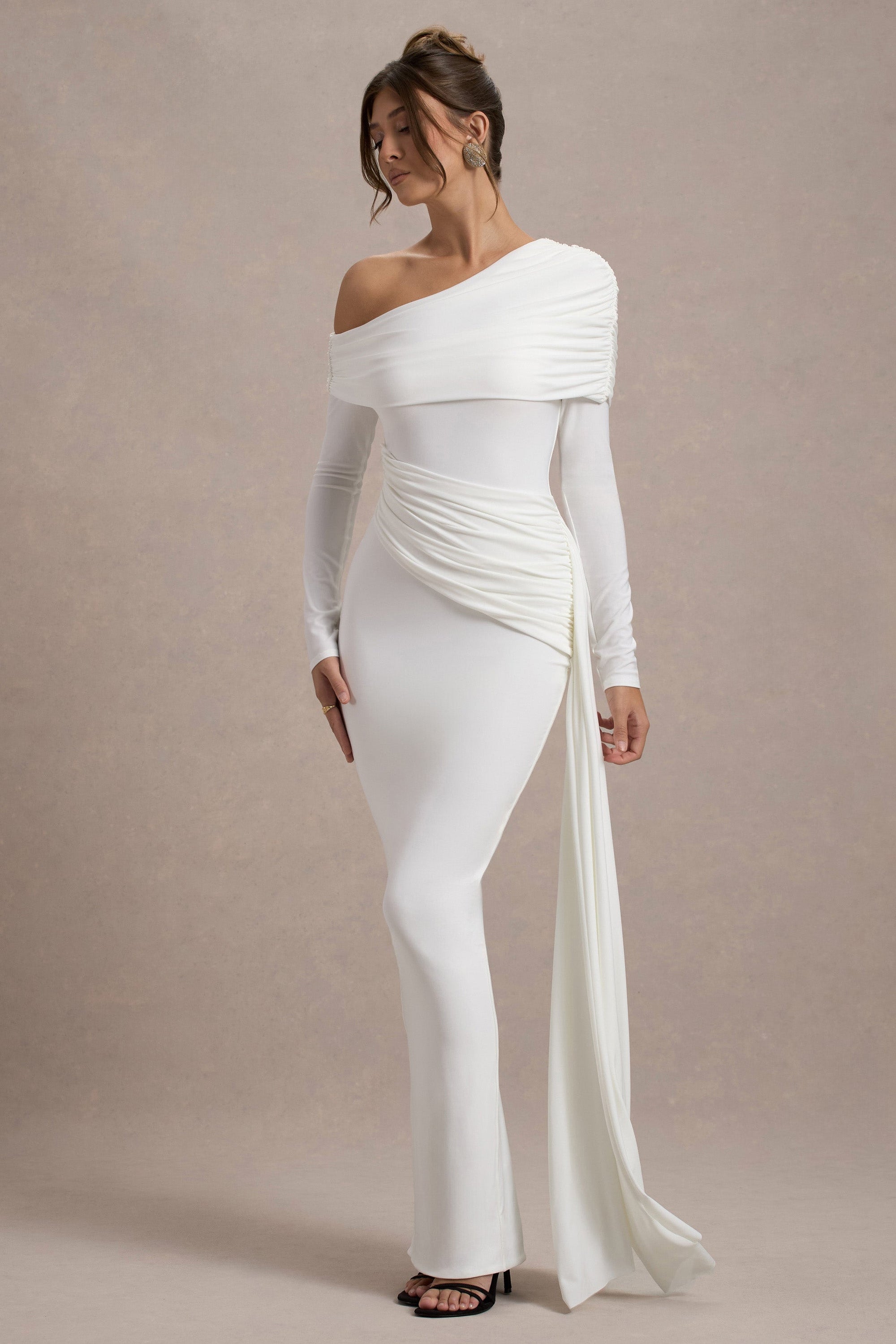 Valina | White Ruched Asymmetric Maxi Dress With Drape - Club L 