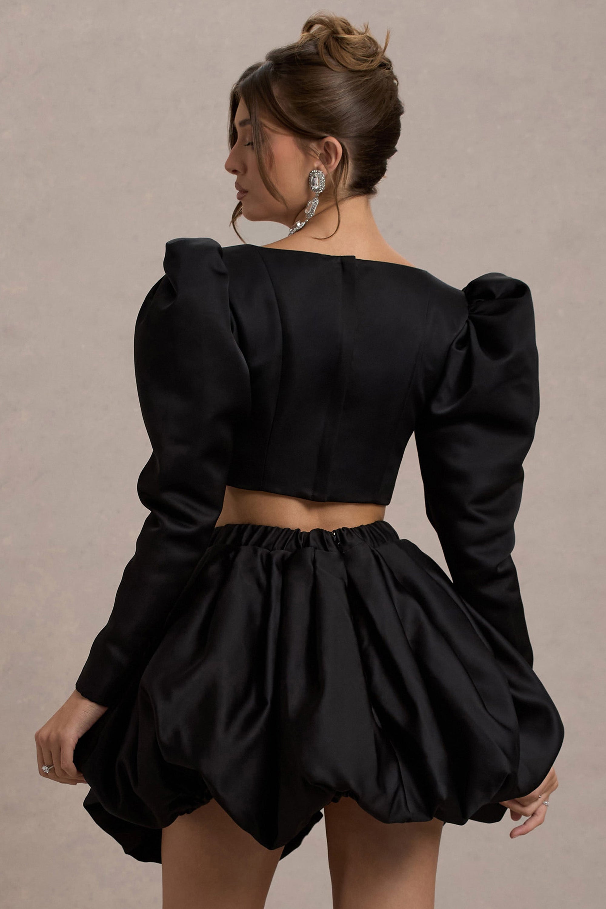 Eloisa | Black Satin Puff-Sleeve Cropped Jacket - Club L 