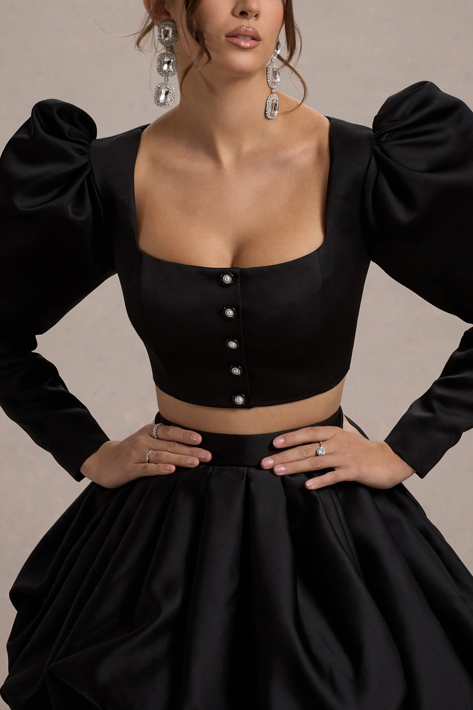 Eloisa | Black Satin Puff-Sleeve Cropped Jacket - Club L 