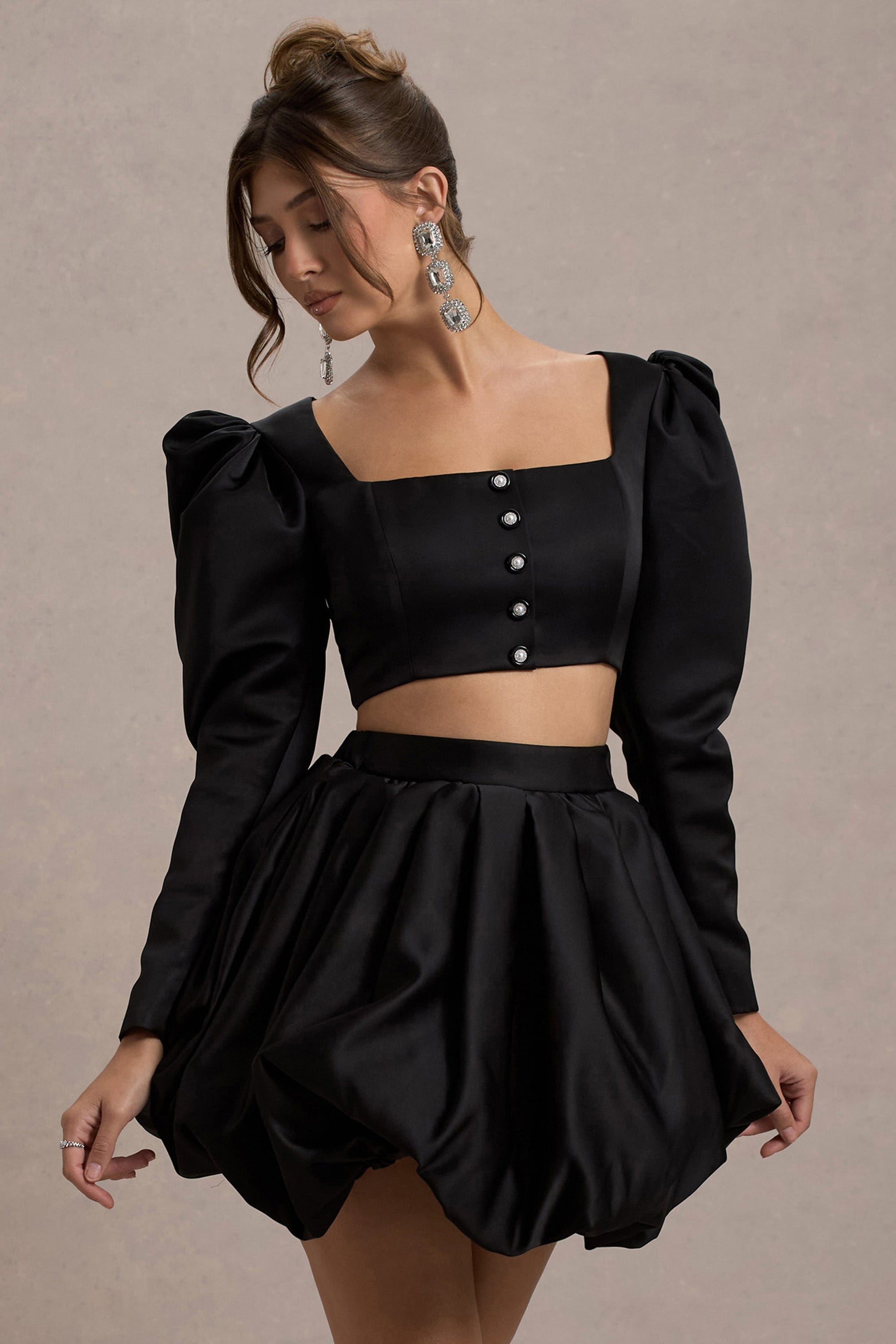 Eloisa | Black Satin Puff-Sleeve Cropped Jacket - Club L 
