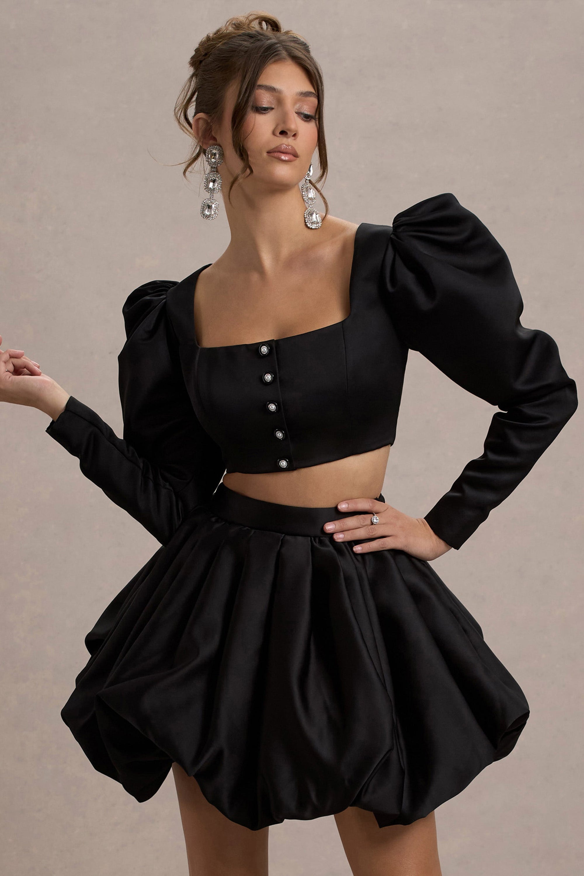 Eloisa | Black Satin Puff-Sleeve Cropped Jacket - Club L 