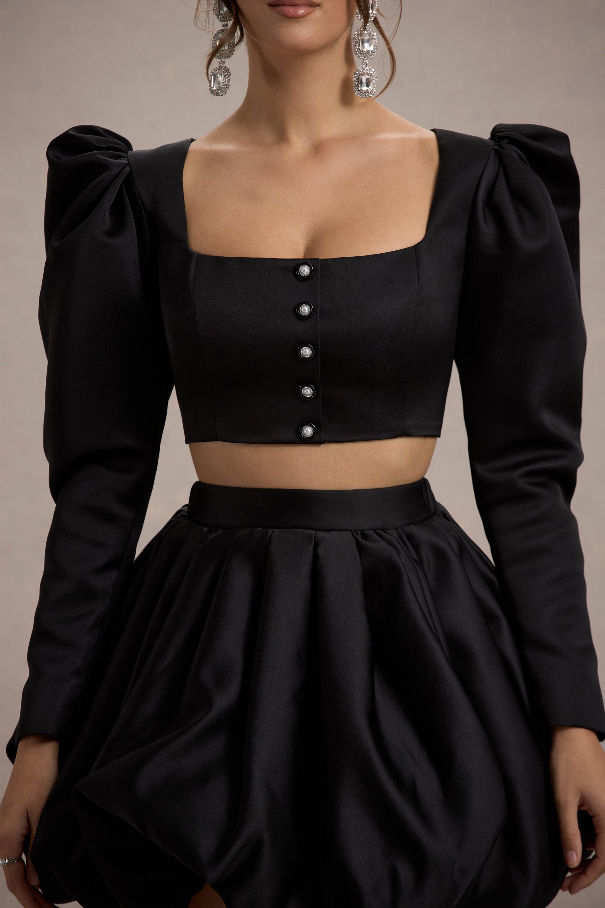 Eloisa | Black Satin Puff-Sleeve Cropped Jacket - Club L 