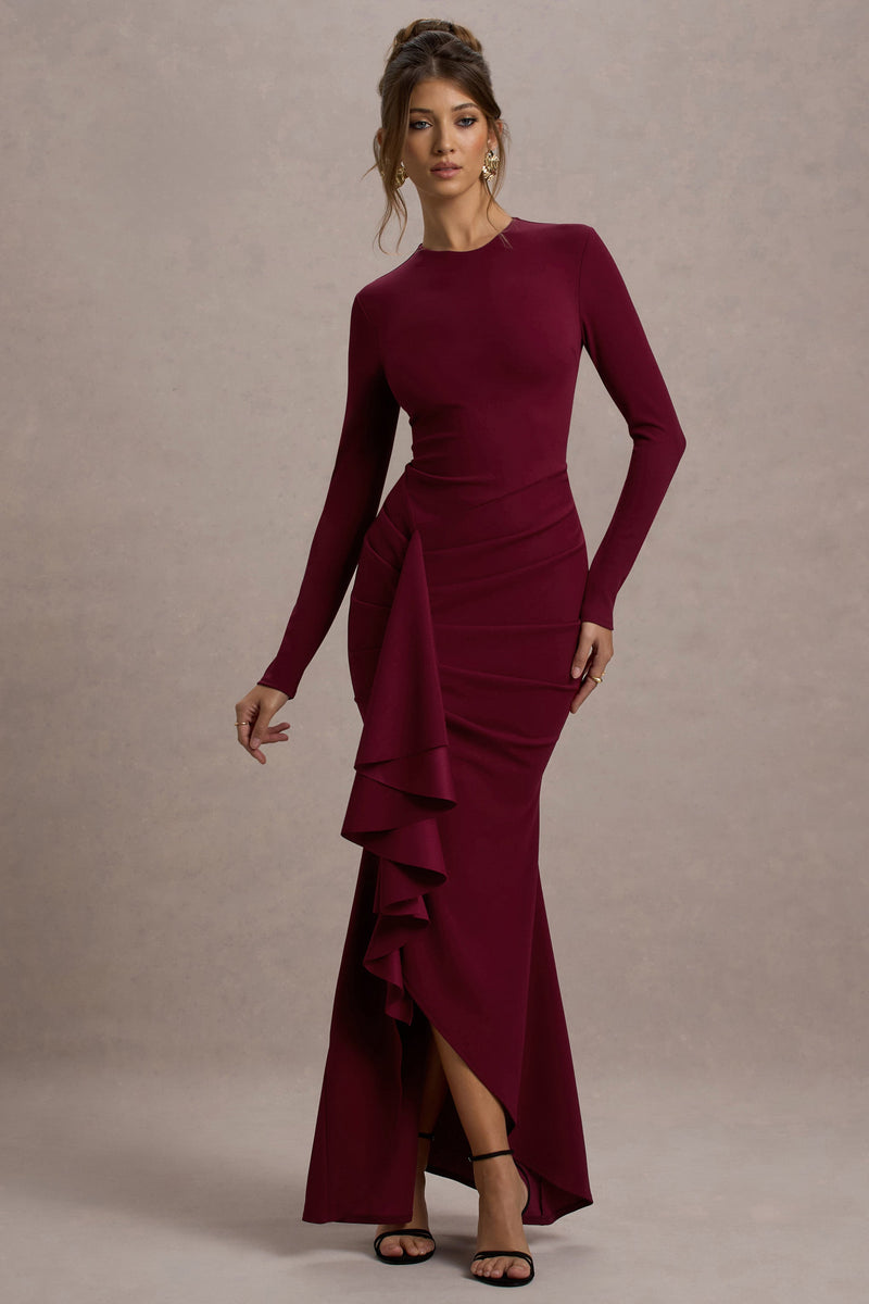 Alayna | Berry Long-Sleeve Maxi Dress With Ruffled Split - Club L 