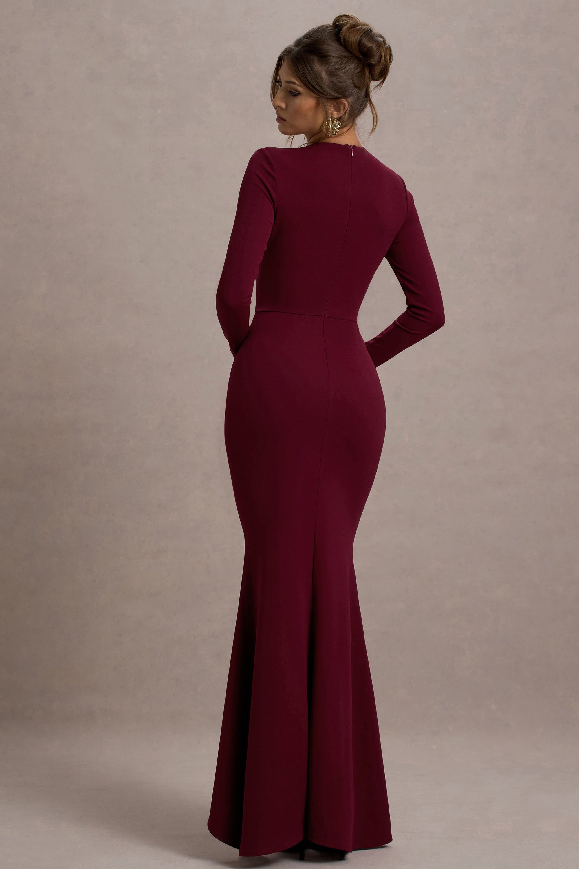 Alayna | Berry Long-Sleeve Maxi Dress With Ruffled Split - Club L 