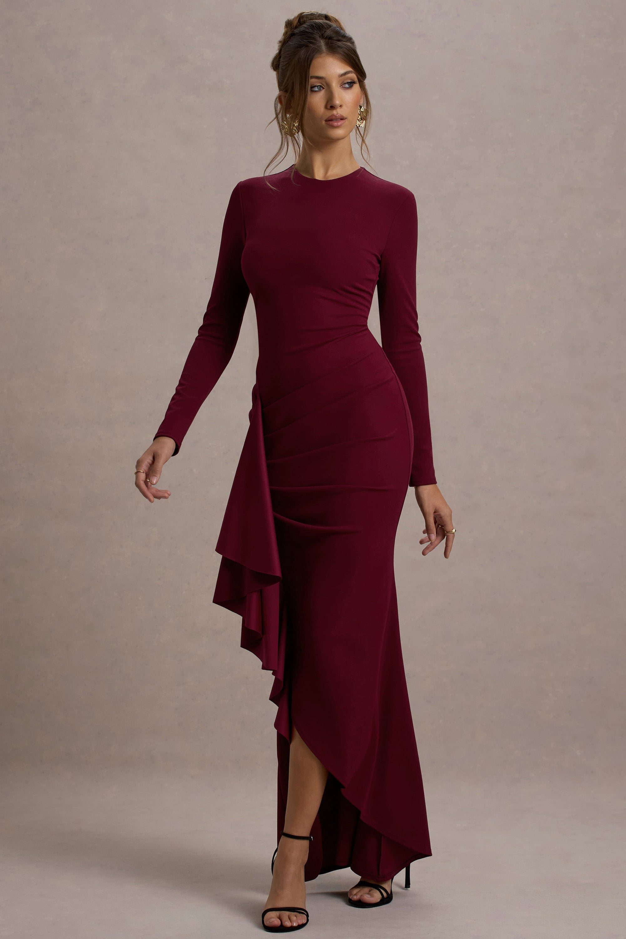 Alayna | Berry Long-Sleeve Maxi Dress With Ruffled Split - Club L 