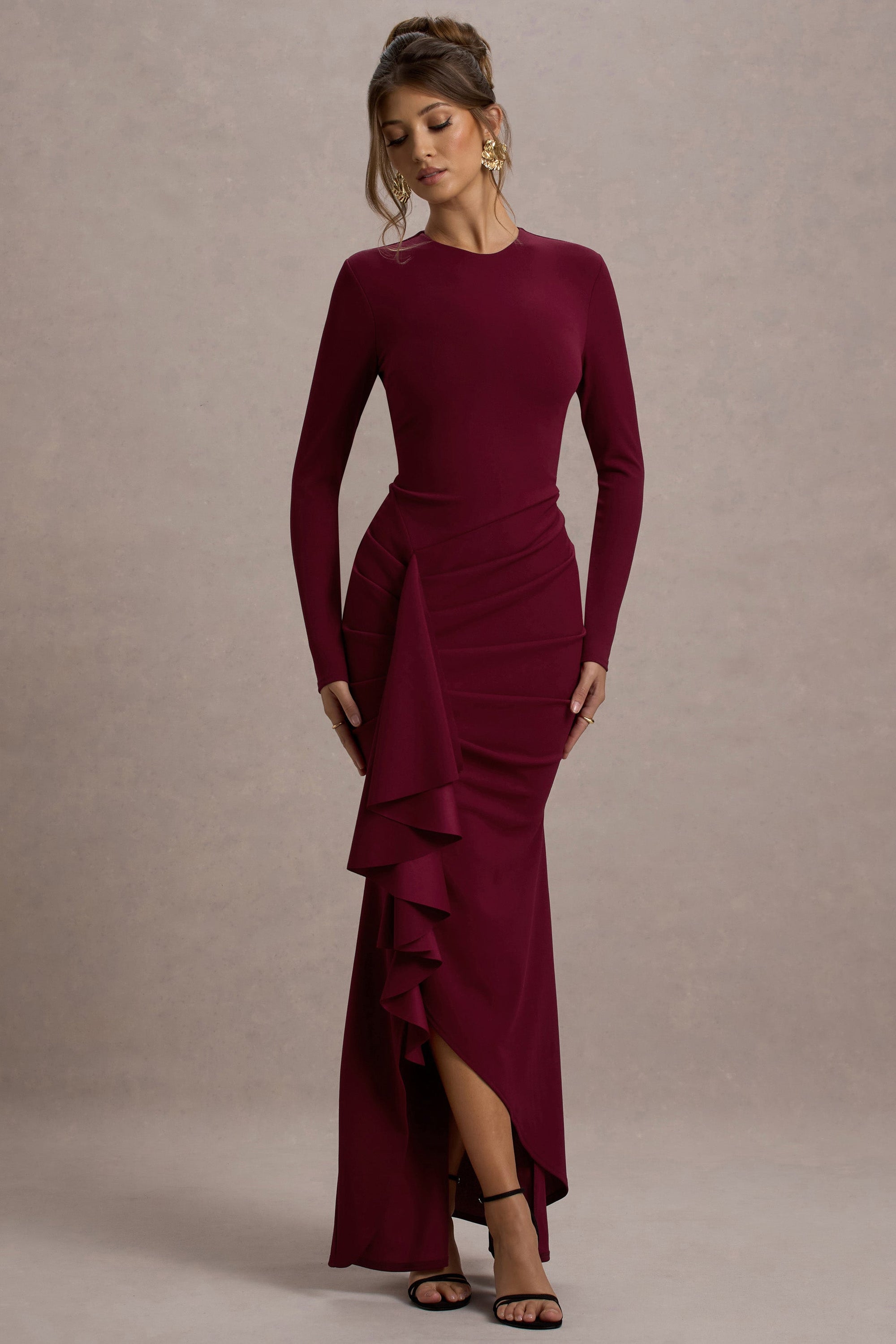 Alayna | Berry Long-Sleeve Maxi Dress With Ruffled Split - Club L 