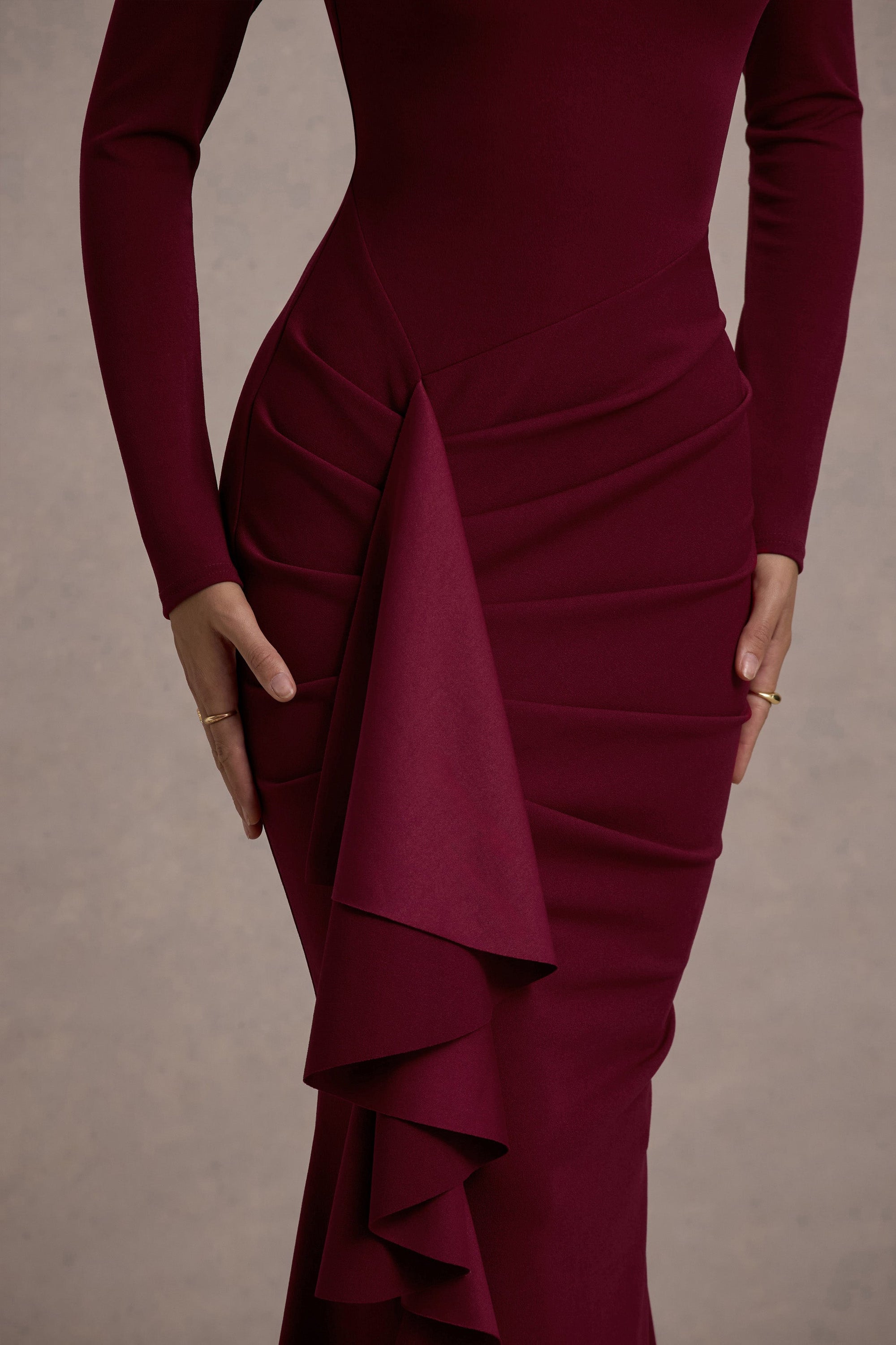 Alayna | Berry Long-Sleeve Maxi Dress With Ruffled Split - Club L 