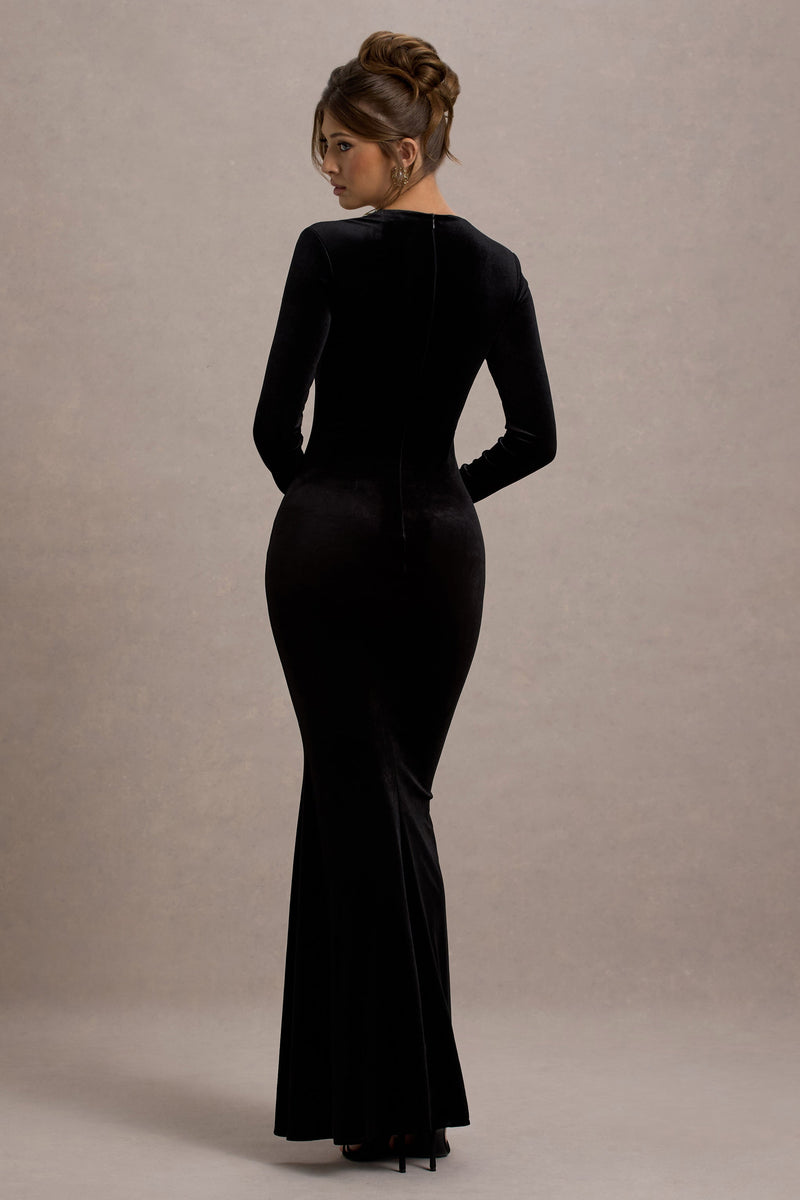 Morana | Black Velvet Square-Neck Long-Sleeve Maxi Dress - Club L 