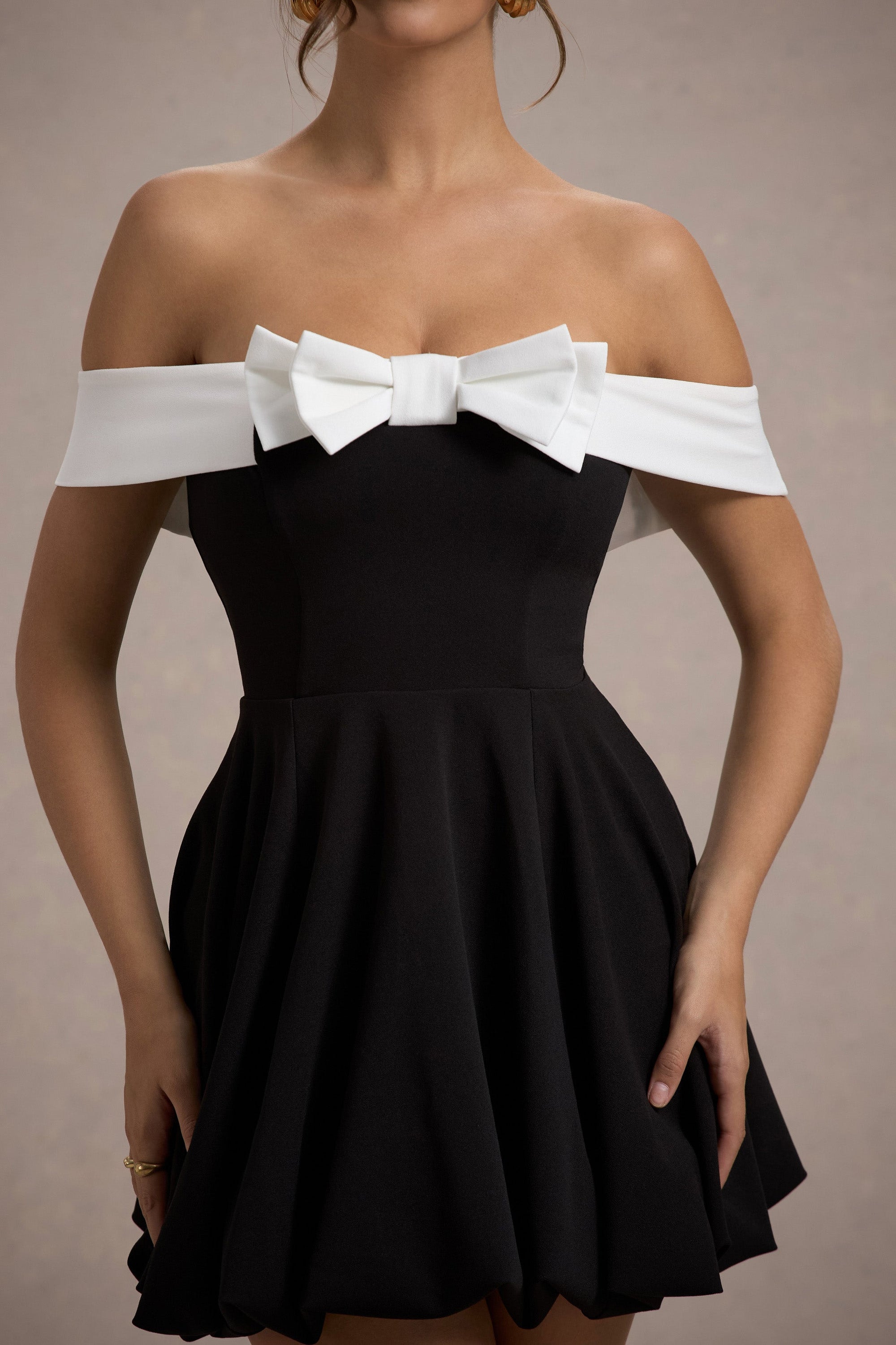 Minimoiselle | Black & White Bow Bardot Mini Dress With Puff-Ball Skirt - Club L 
