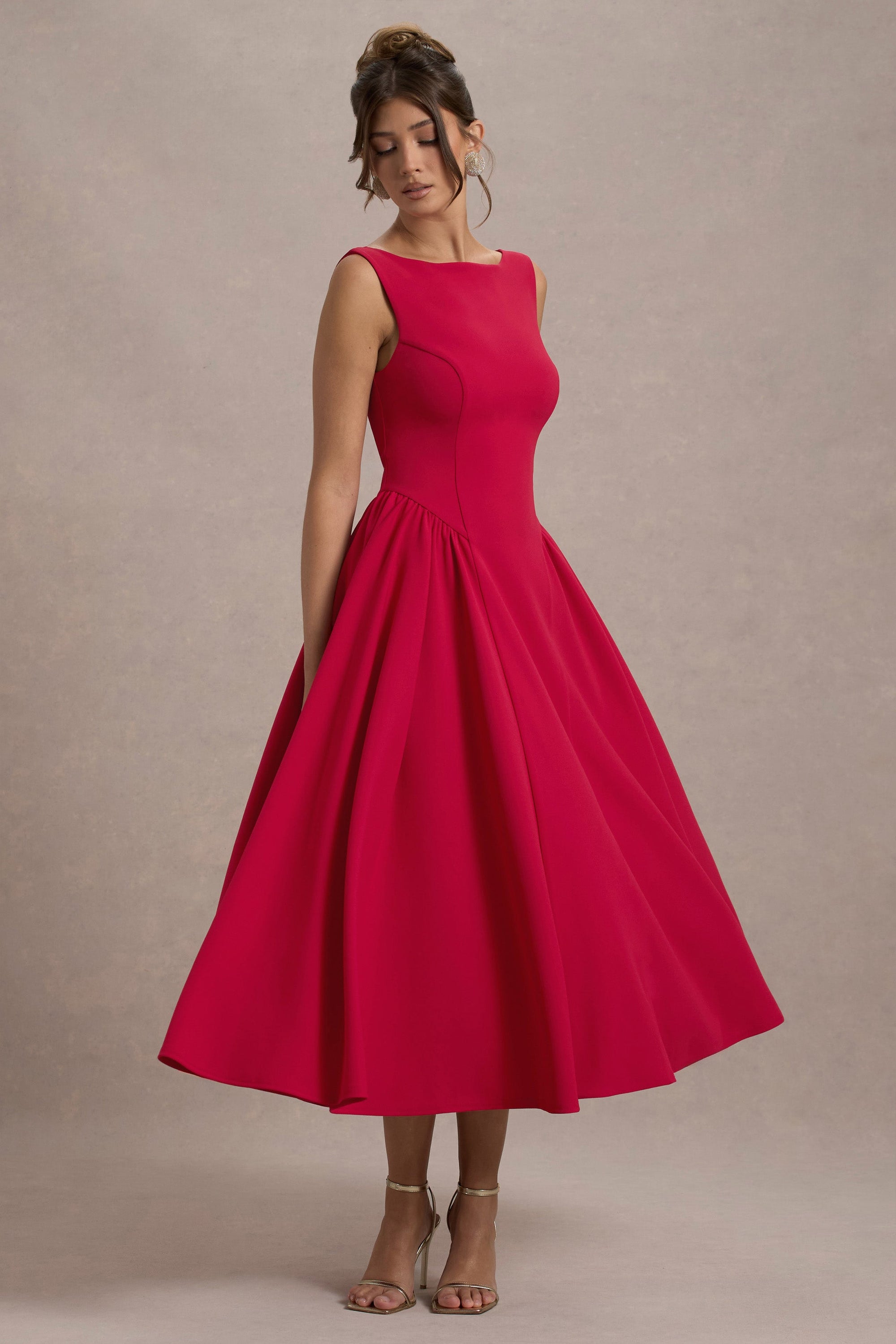 Muriel | Red Boat-Neck Volume-Hem Midi Dress - Club L 