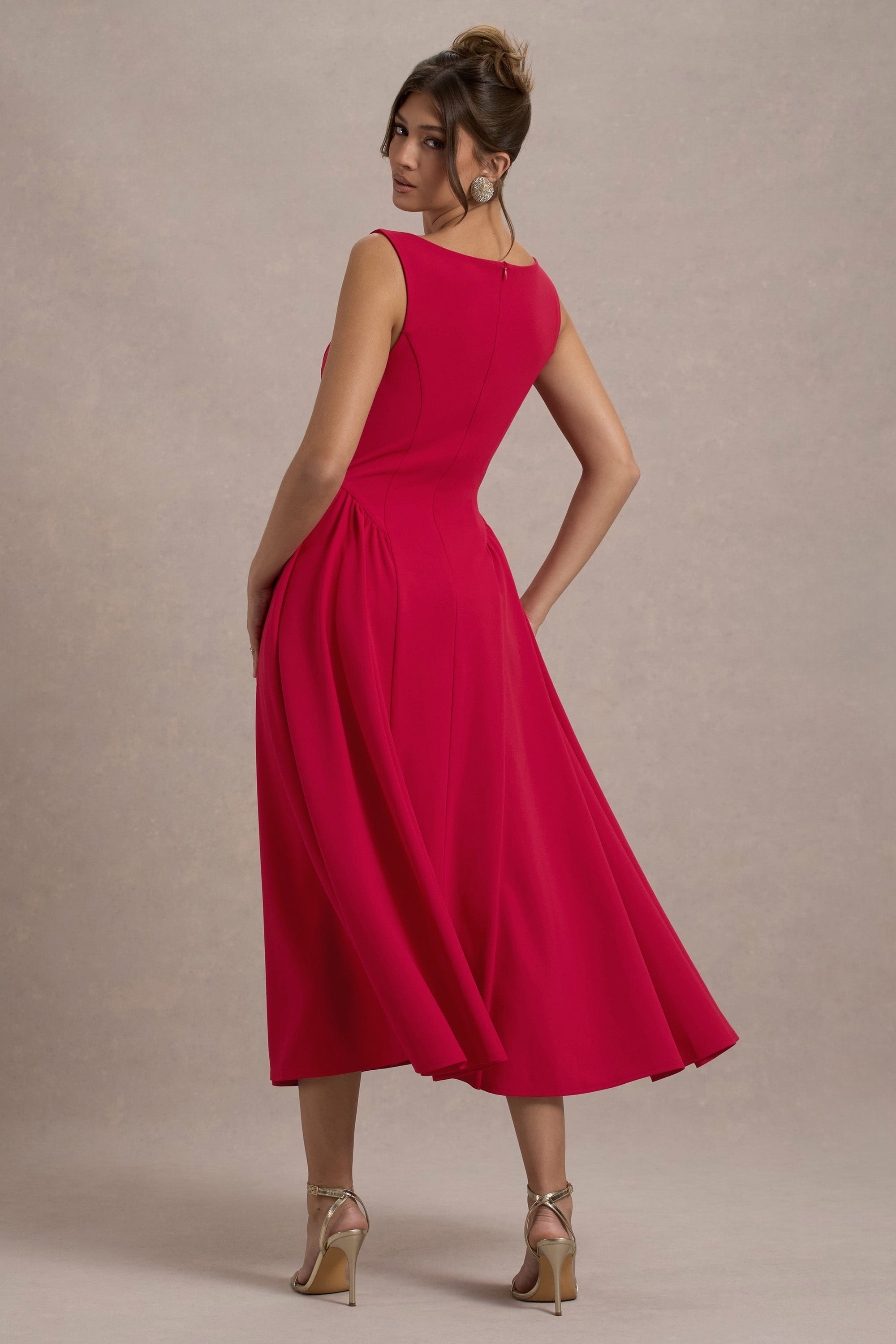 Muriel | Red Boat-Neck Volume-Hem Midi Dress - Club L 