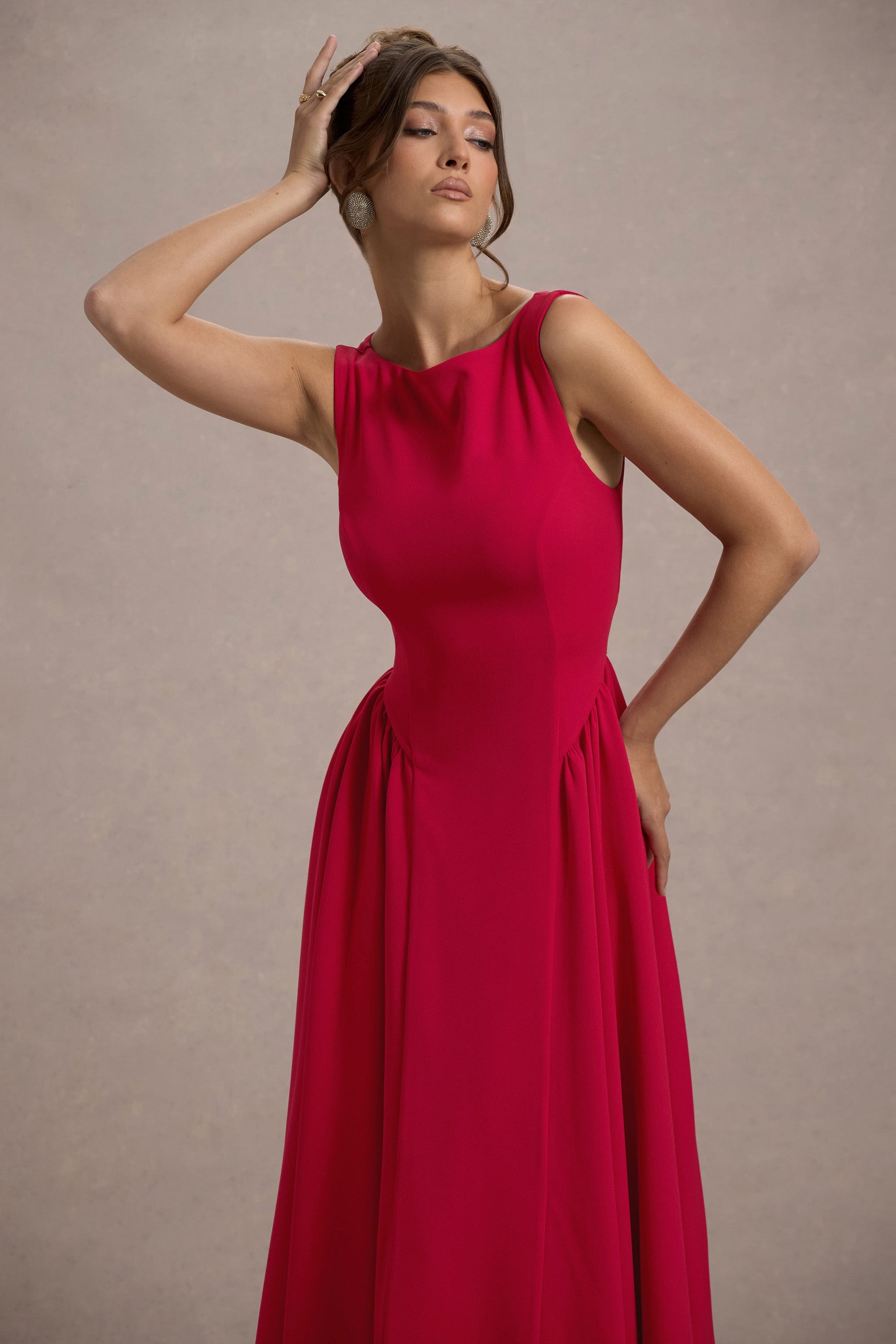Muriel | Red Boat-Neck Volume-Hem Midi Dress - Club L 