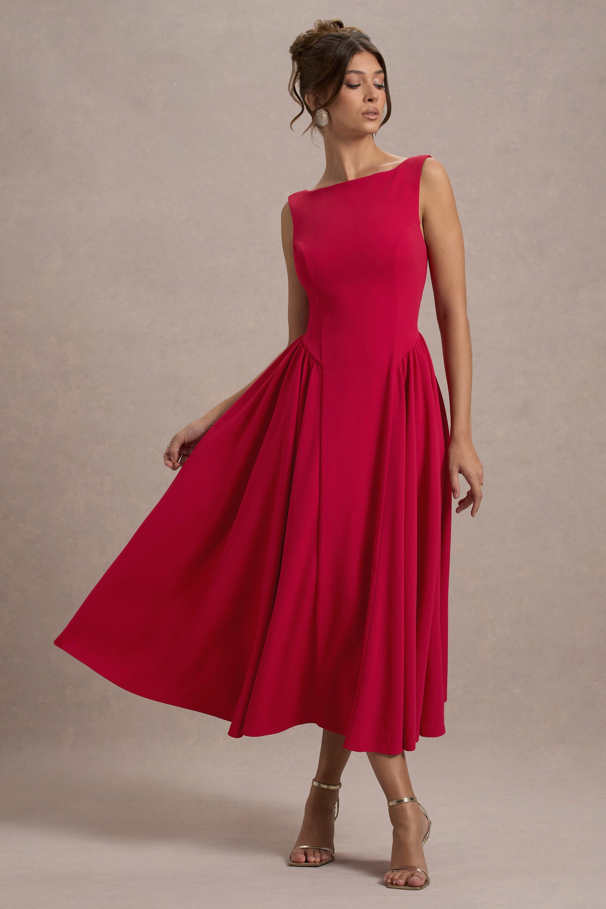 Muriel | Red Boat-Neck Volume-Hem Midi Dress - Club L 