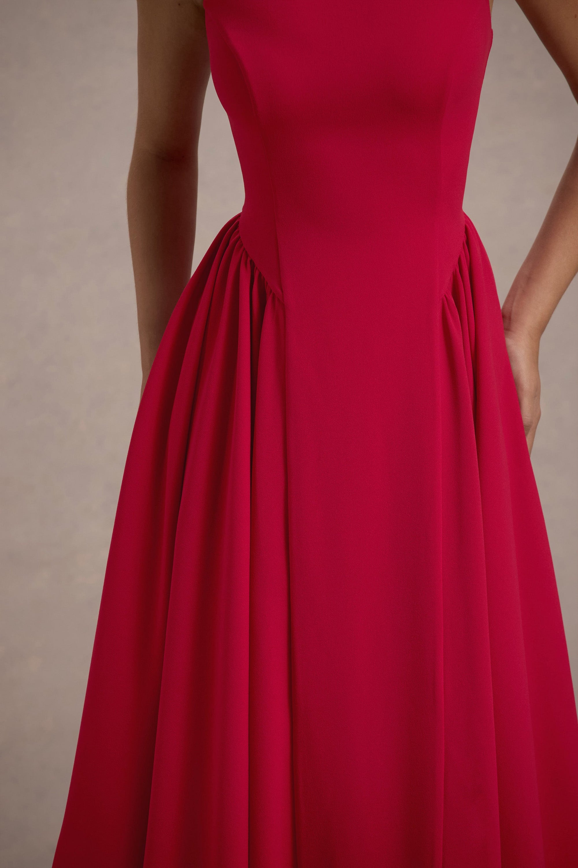 Muriel | Red Boat-Neck Volume-Hem Midi Dress - Club L 