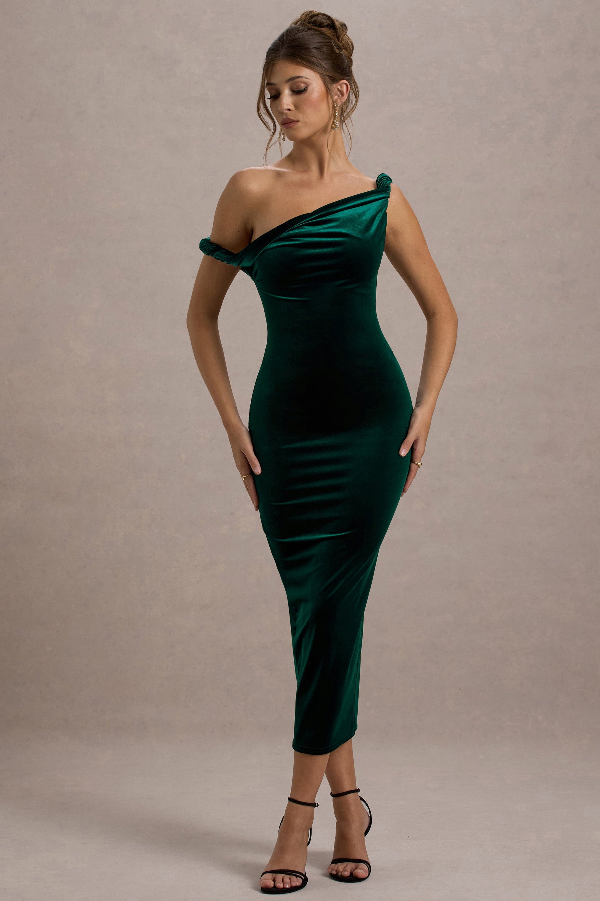 Carella | Bottle Green Velvet Twisted Asymmetric Midi Dress - Club L 