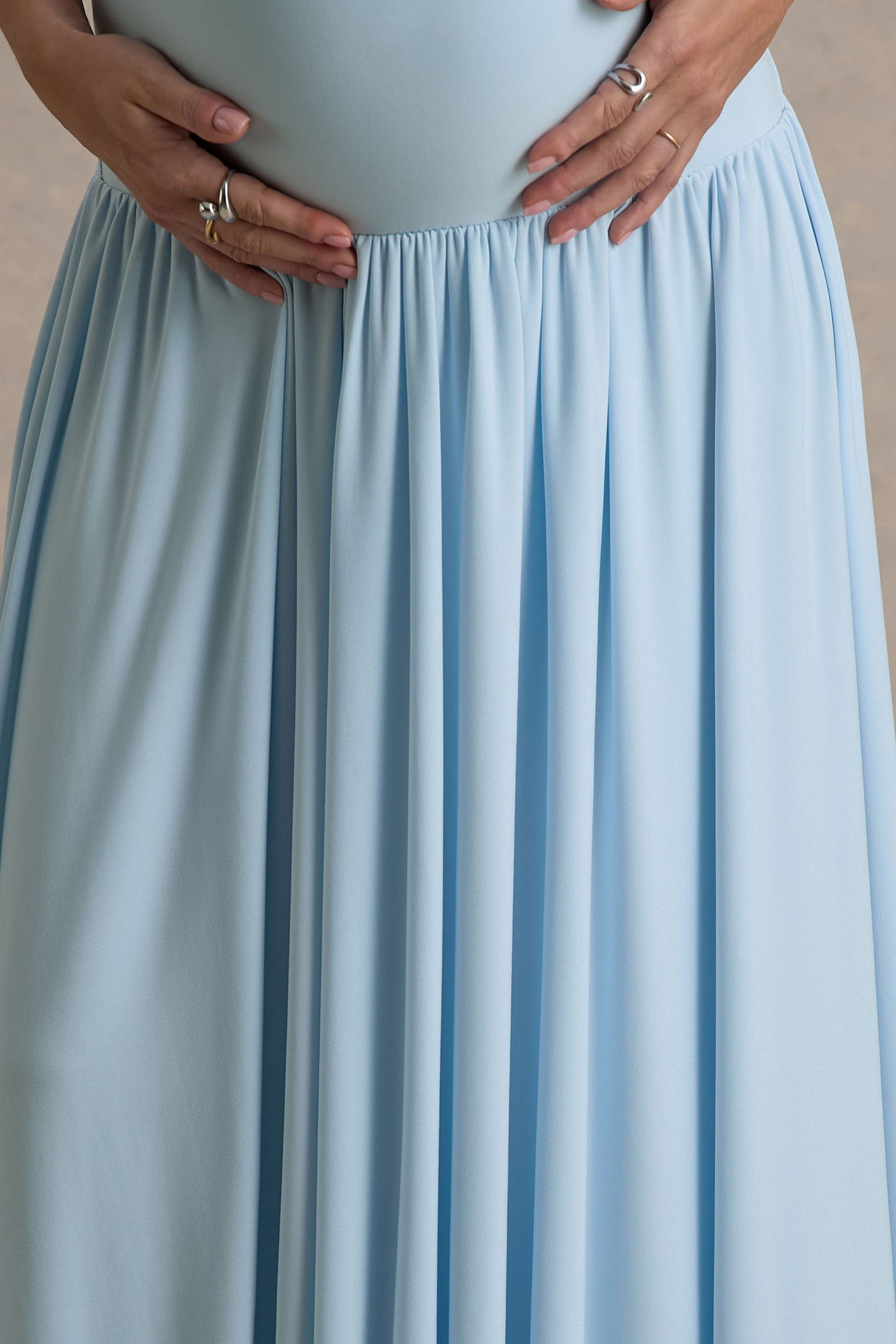 Outline | Powder Blue Crew-Neck Maternity Maxi Dress With Pleated Skirt - UK 8 / POWDER BLUE