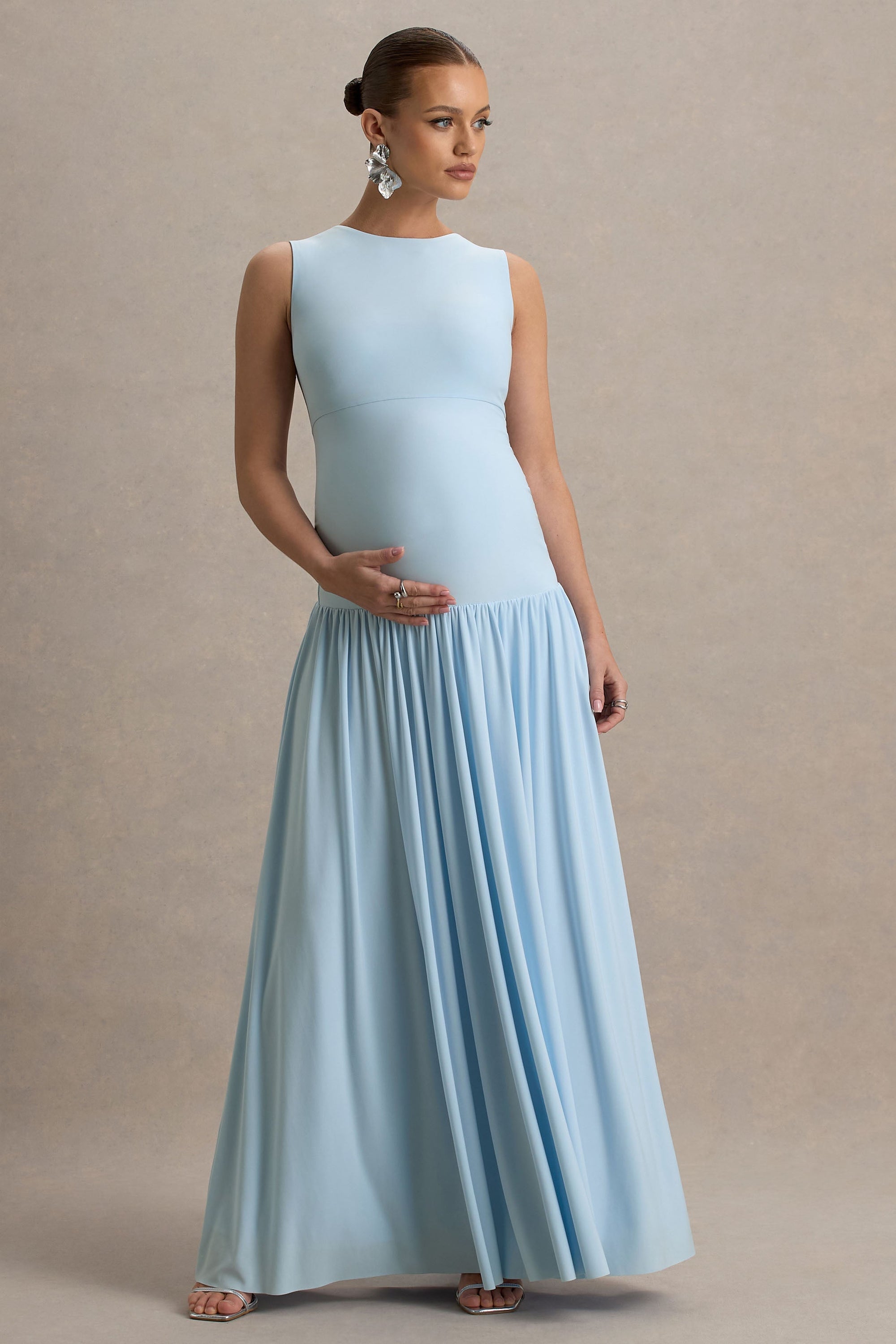 Outline | Powder Blue Crew-Neck Maternity Maxi Dress With Pleated Skirt - UK 8 / POWDER BLUE