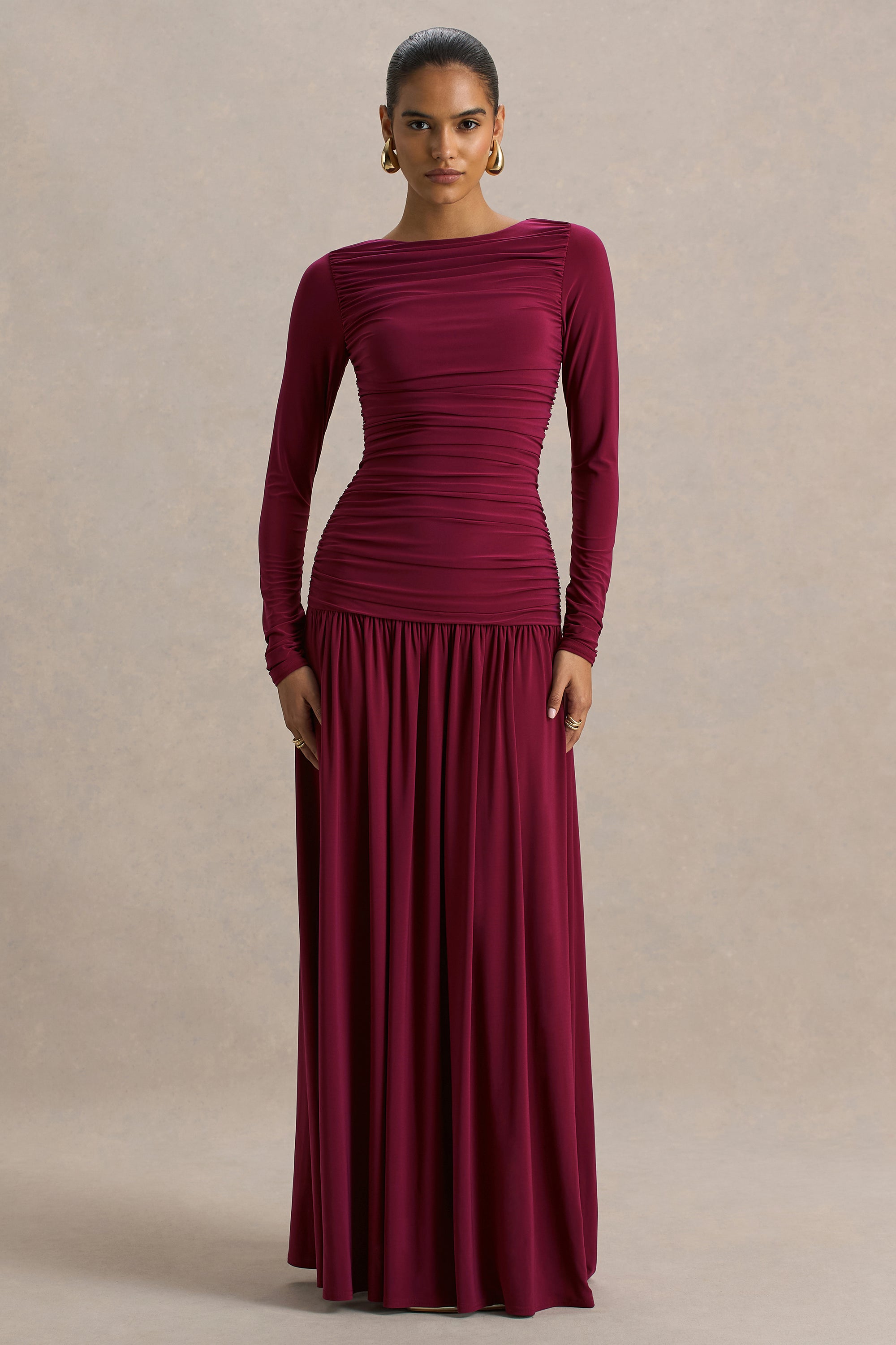 HR_CL136331037 - Aniyah Burgundy High-Neck Maxi Dress With Ruched Detailing03H.jpg