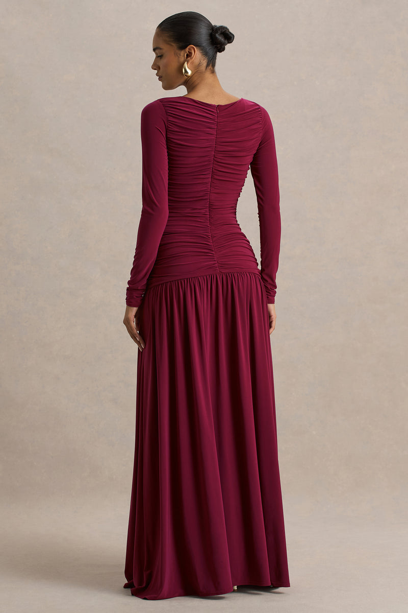 HR_CL136331037 - Aniyah Burgundy High-Neck Maxi Dress With Ruched Detailing06.jpg