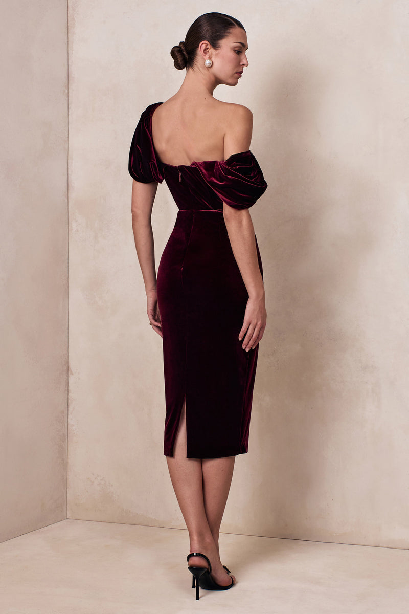 ECM_CL136897101 - High End | Burgundy Velvet Asymmetric-Neck Midi Dress With Draped Detailing 09 .jpg