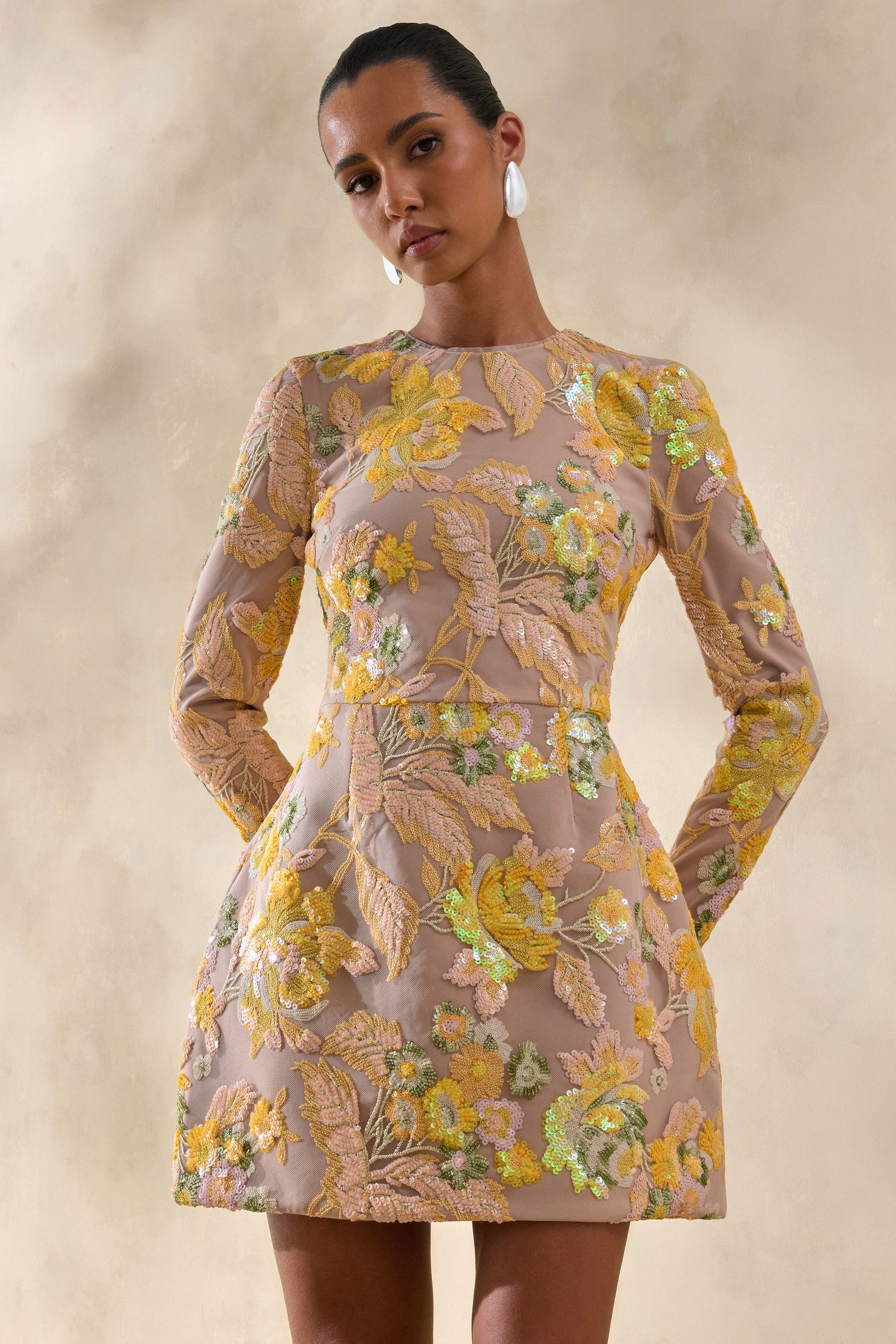 ECM_HR_CL137212121 - Merdia | Yellow Embellished Floral Crew-Neck Mini Dress 3.jpg