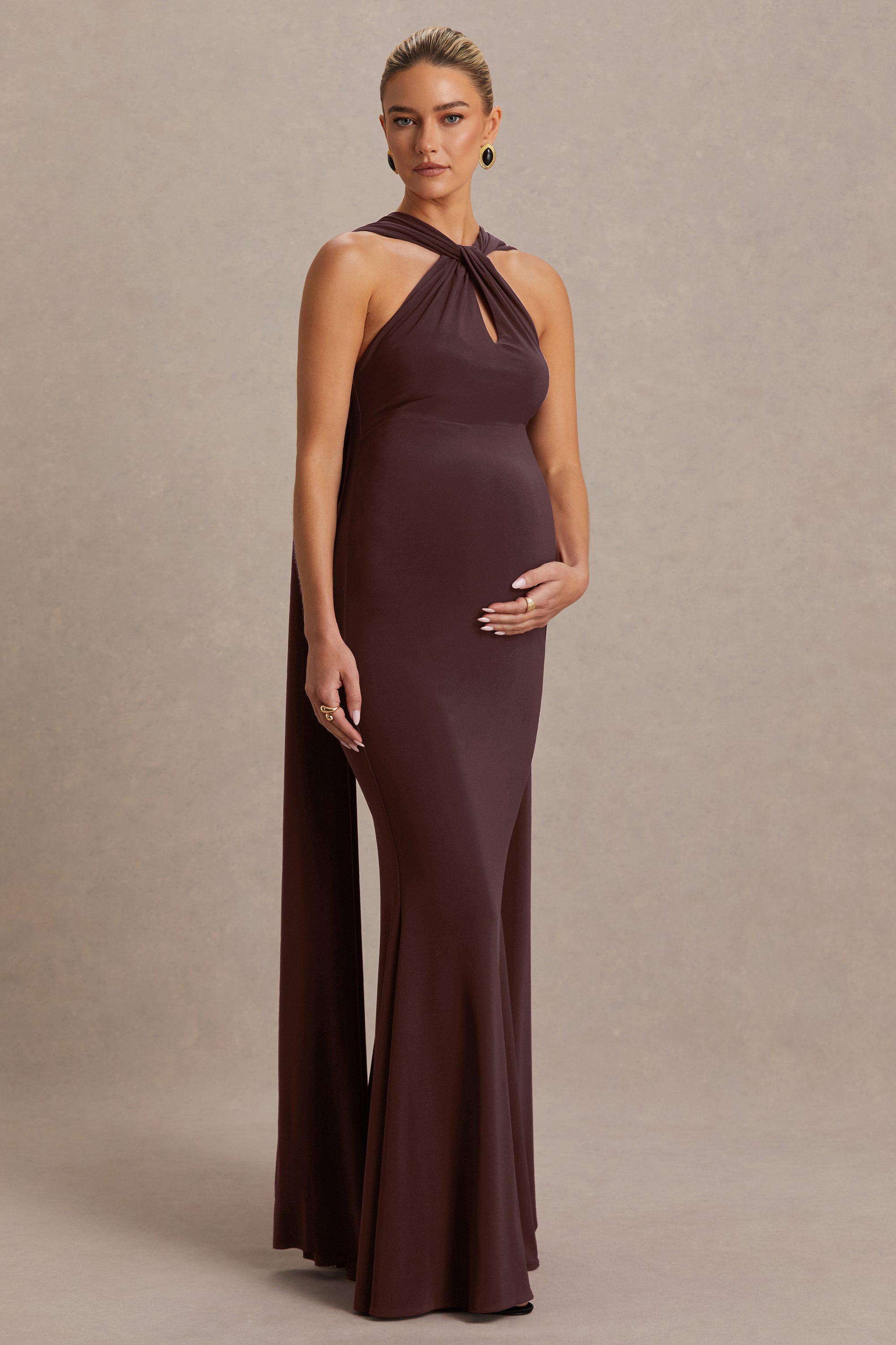 CL137371022 - Lyra | Brown Cross Halter-Neck Maternity Maxi Dress With Cape 0.jpg