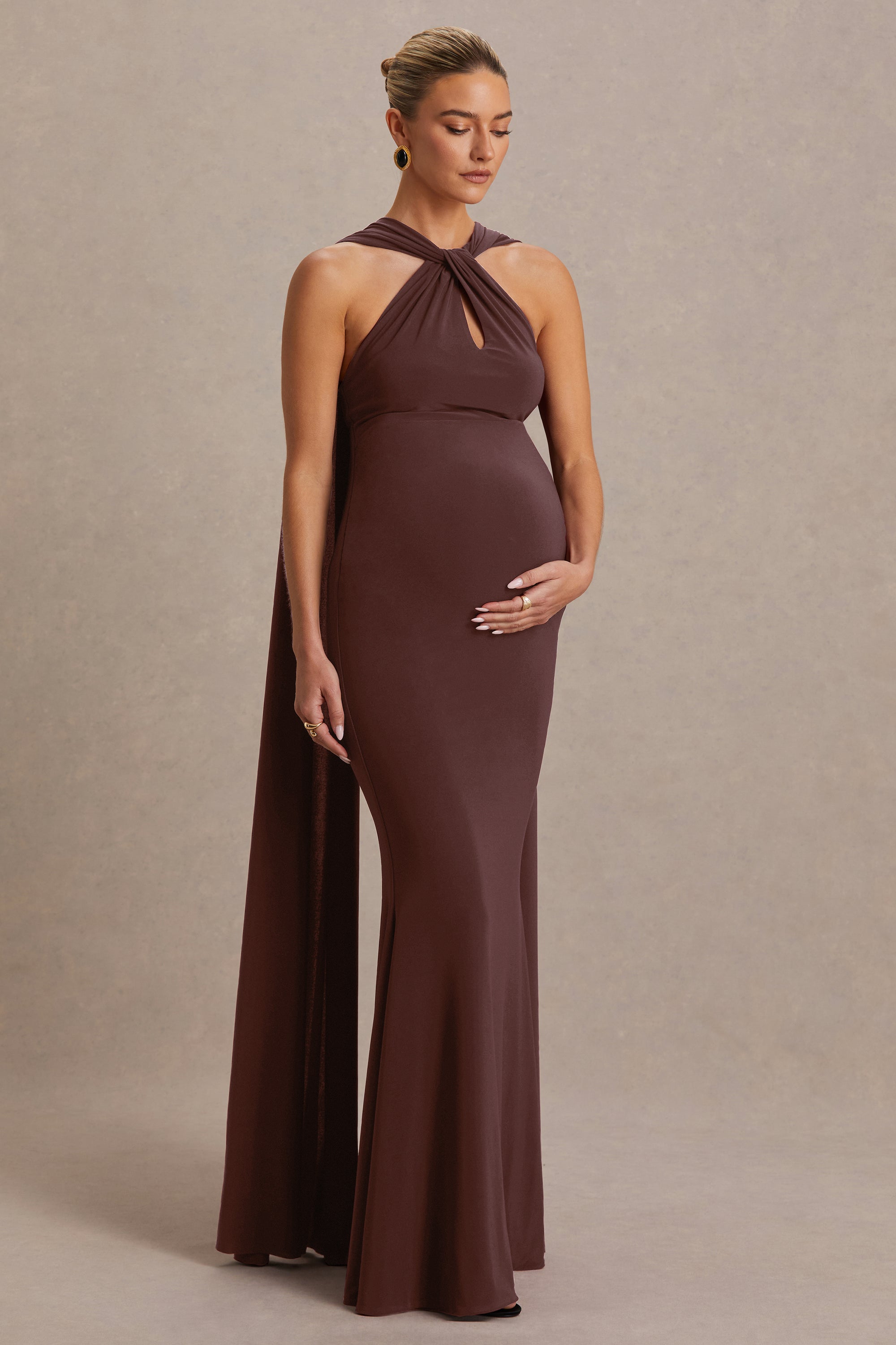 CL137371022 - Lyra | Brown Cross Halter-Neck Maternity Maxi Dress With Cape 1.jpg