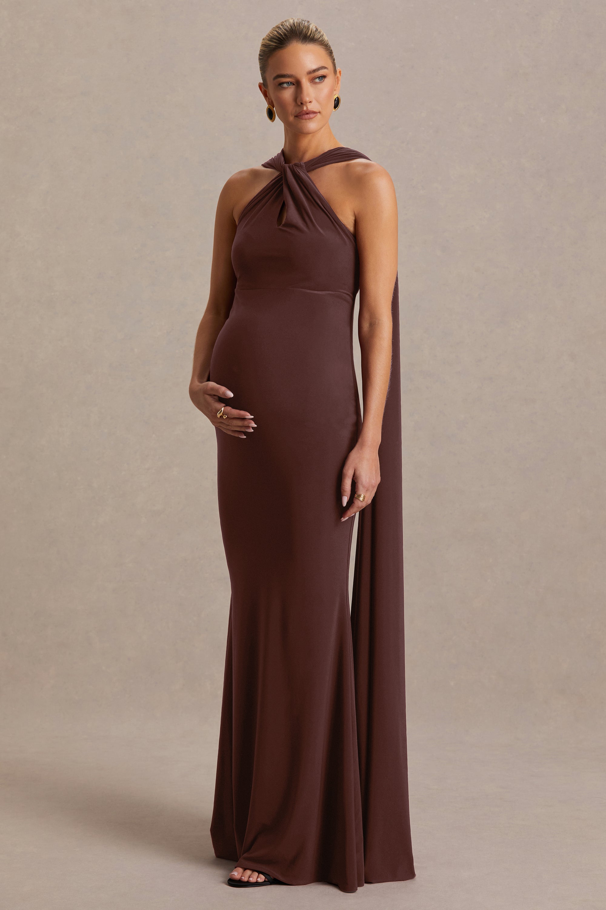 CL137371022 - Lyra | Brown Cross Halter-Neck Maternity Maxi Dress With Cape 2.jpg