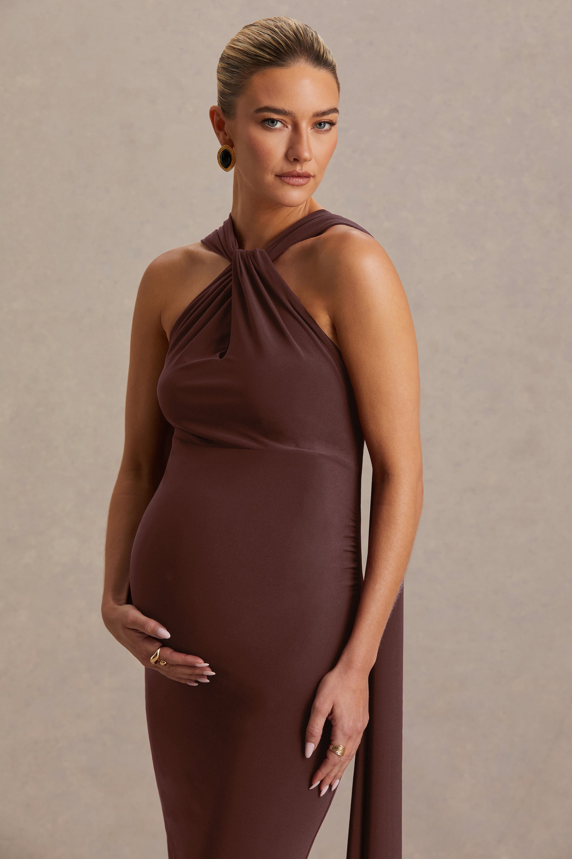 CL137371022 - Lyra | Brown Cross Halter-Neck Maternity Maxi Dress With Cape 3.jpg