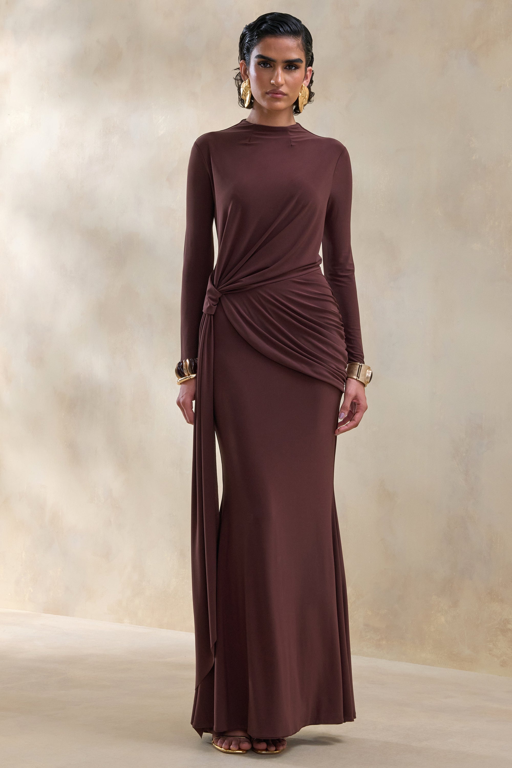 ECM_HR_CL137547021 - Kyrissa | Brown High-Neck Maxi Dress With Gathered-Detailing 0.jpg