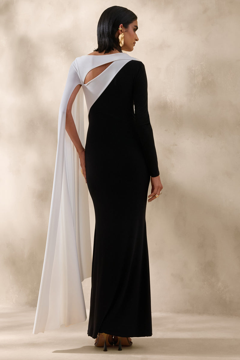 ECM_HR_CL137551002 - Dabria _ Black And White Asymmetric-Neck Maxi Dress With Cape-Sleeve 1.jpg