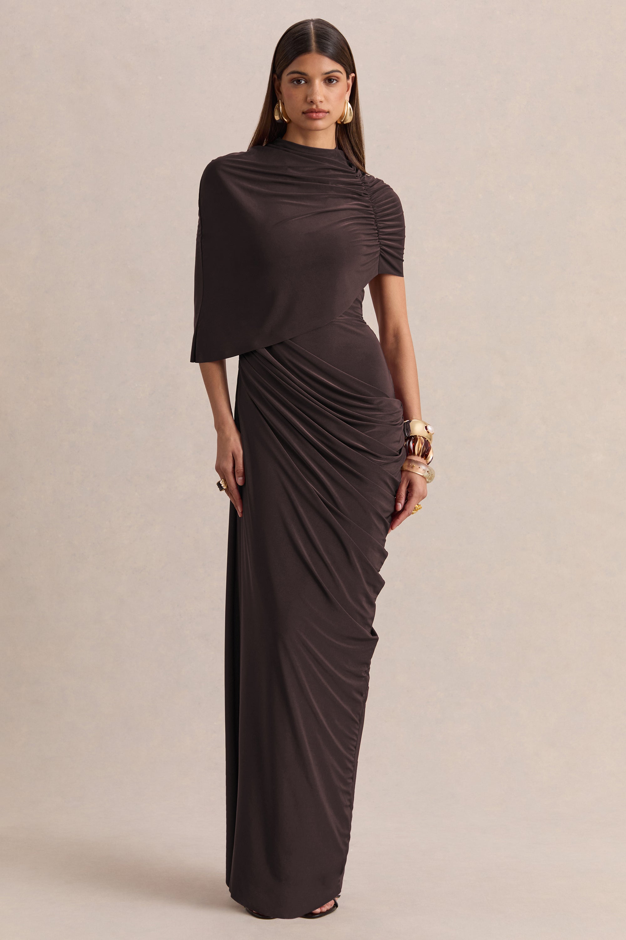 HR_CL137651022 - Lunaline | Brown High-Neck Maxi Dress With Asymmetric Cape And Draped-Detailing 0.jpg