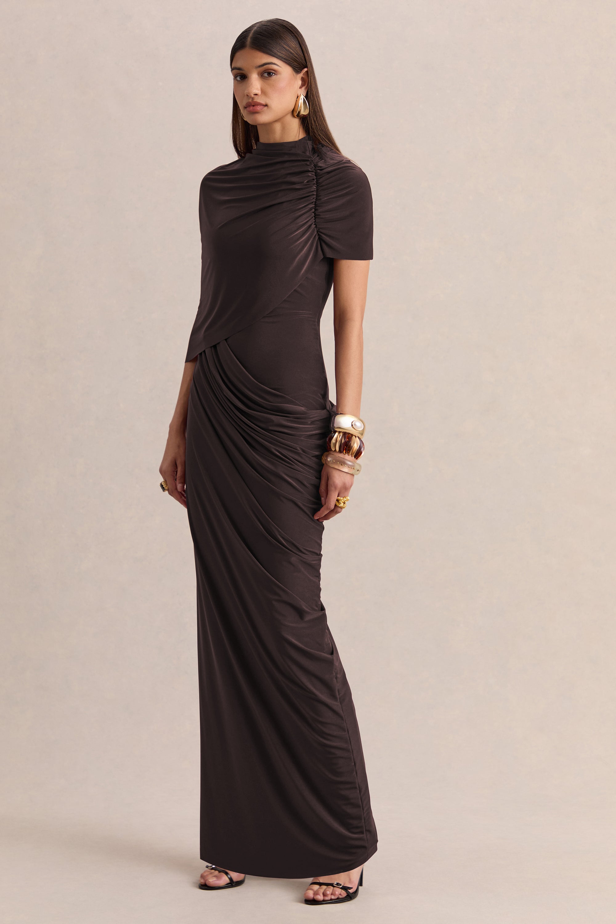 HR_CL137651022 - Lunaline | Brown High-Neck Maxi Dress With Asymmetric Cape And Draped-Detailing 1.jpg