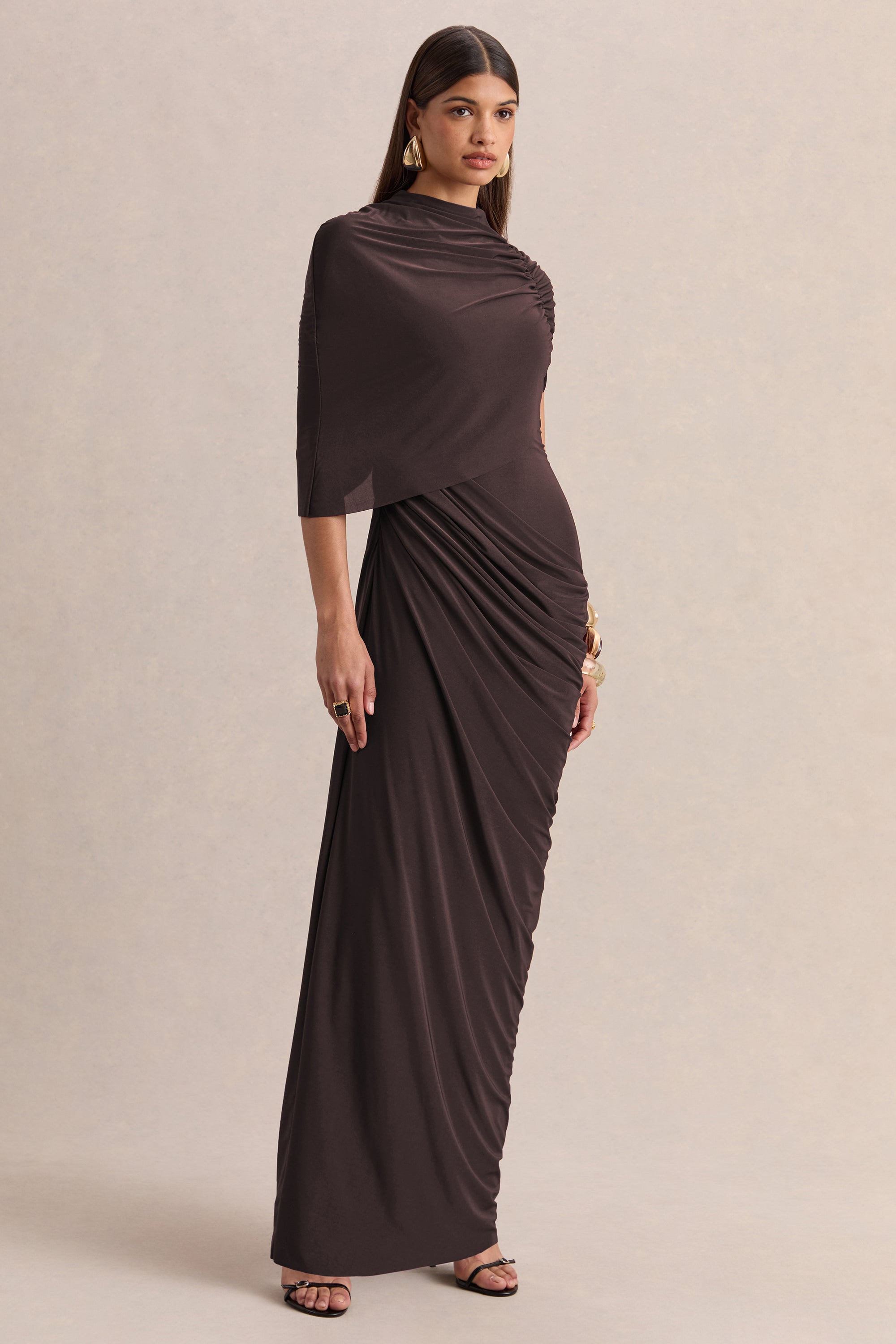 HR_CL137651022 - Lunaline | Brown High-Neck Maxi Dress With Asymmetric Cape And Draped-Detailing 2.jpg