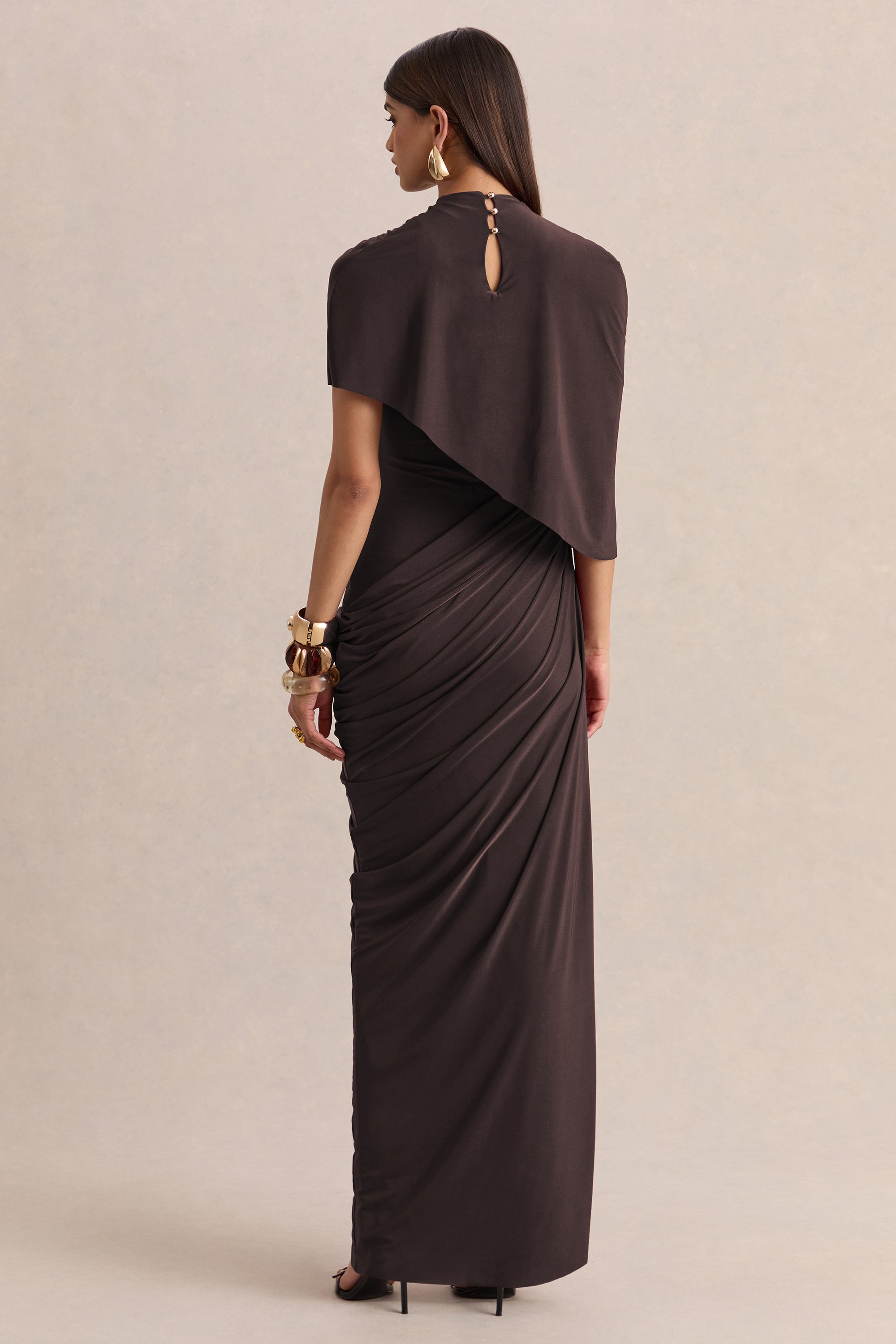 HR_CL137651022 - Lunaline | Brown High-Neck Maxi Dress With Asymmetric Cape And Draped-Detailing 5.jpg