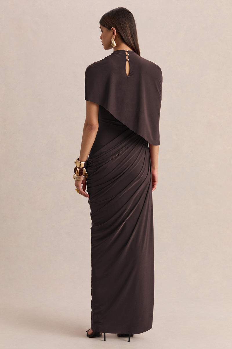 HR_CL137651022 - Lunaline | Brown High-Neck Maxi Dress With Asymmetric Cape And Draped-Detailing 5.jpg