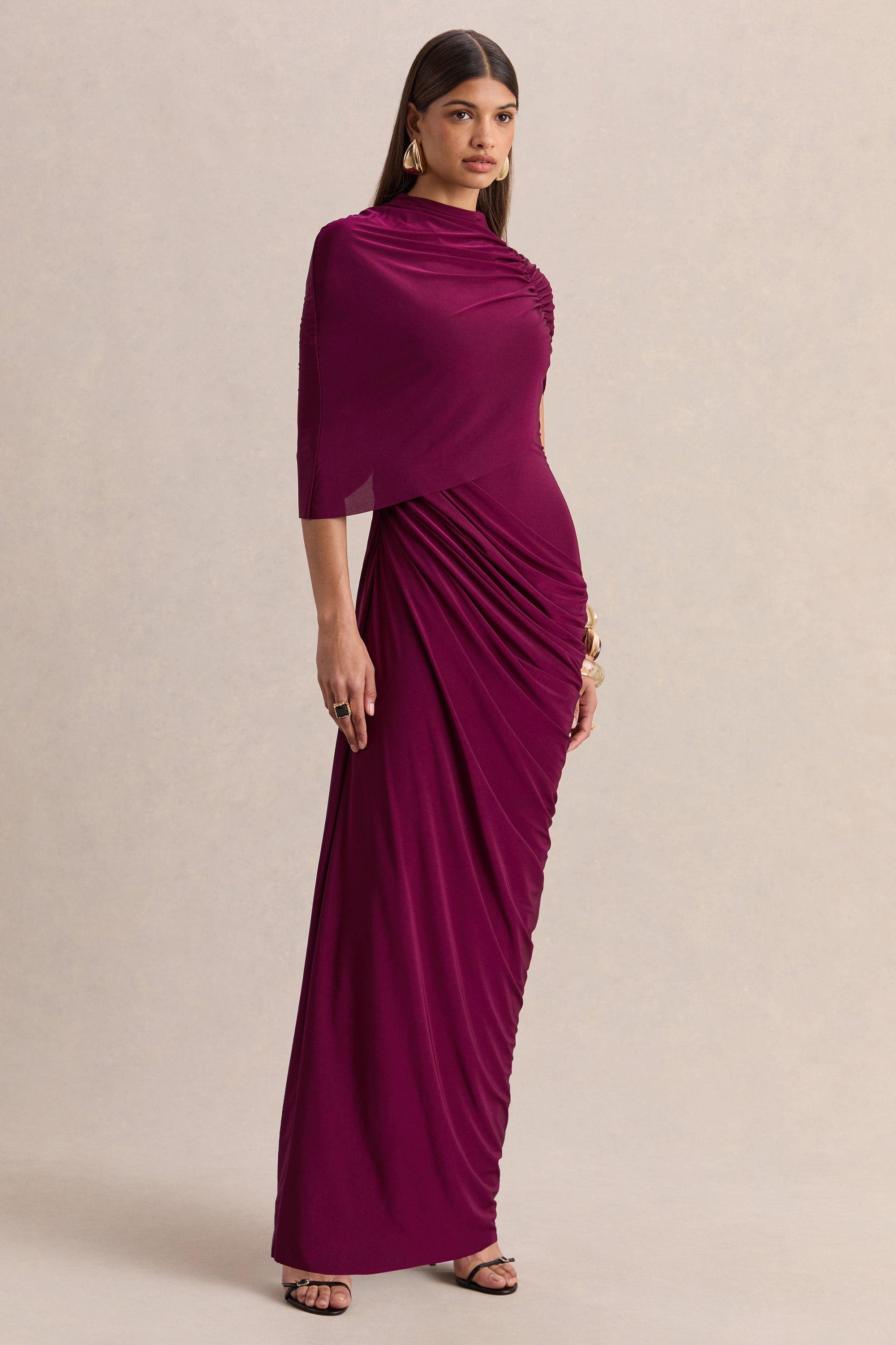 ECM_HR_CL137651102 - Lunaline _ Burgundy High-Neck Maxi Dress With Asymmetric Cape And Draped-Detailing 08.jpg