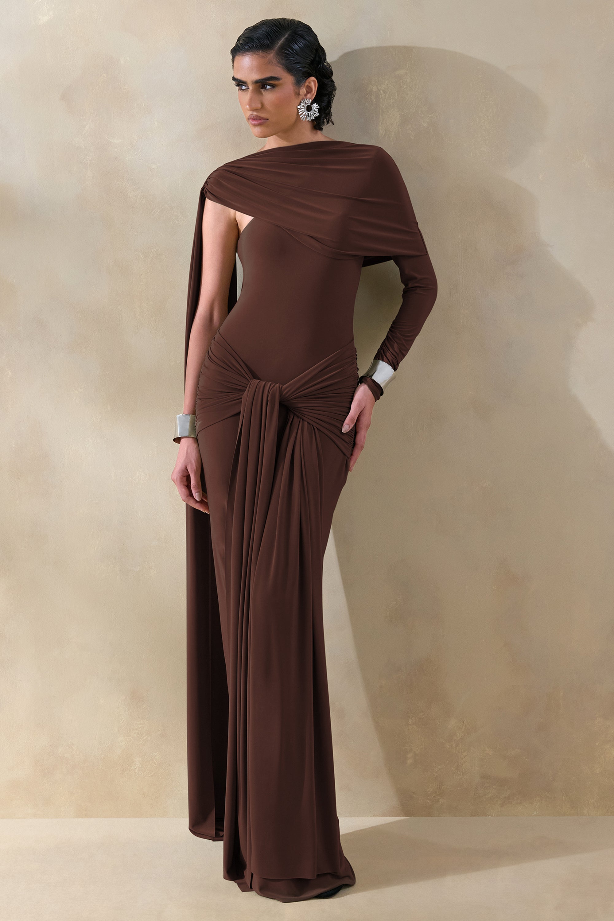 ECM_HR_CL137653022 - Trisara | Brown Asymmetric-Neck Maxi Dress With Gathered-Detailing And Sash 3.jpg
