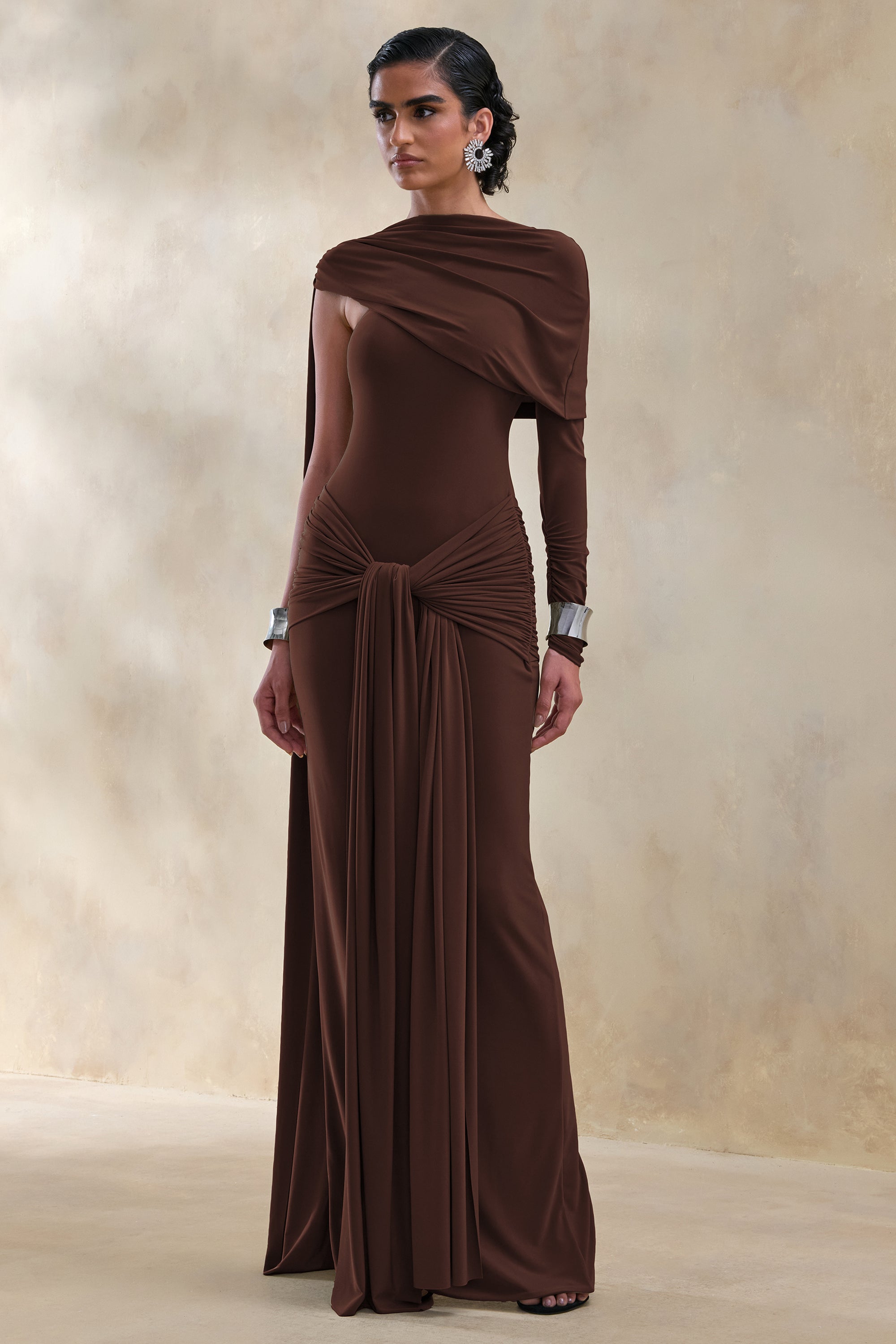 ECM_HR_CL137653022 - Trisara | Brown Asymmetric-Neck Maxi Dress With Gathered-Detailing And Sash 5.jpg
