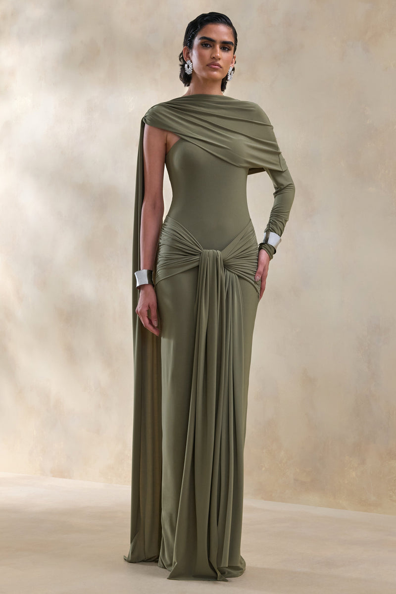 ECM_HR_CL137653031 - Trisara | Olive Asymmetric-Neck Maxi Dress With Gathered-Detailing And Sash 0.jpg