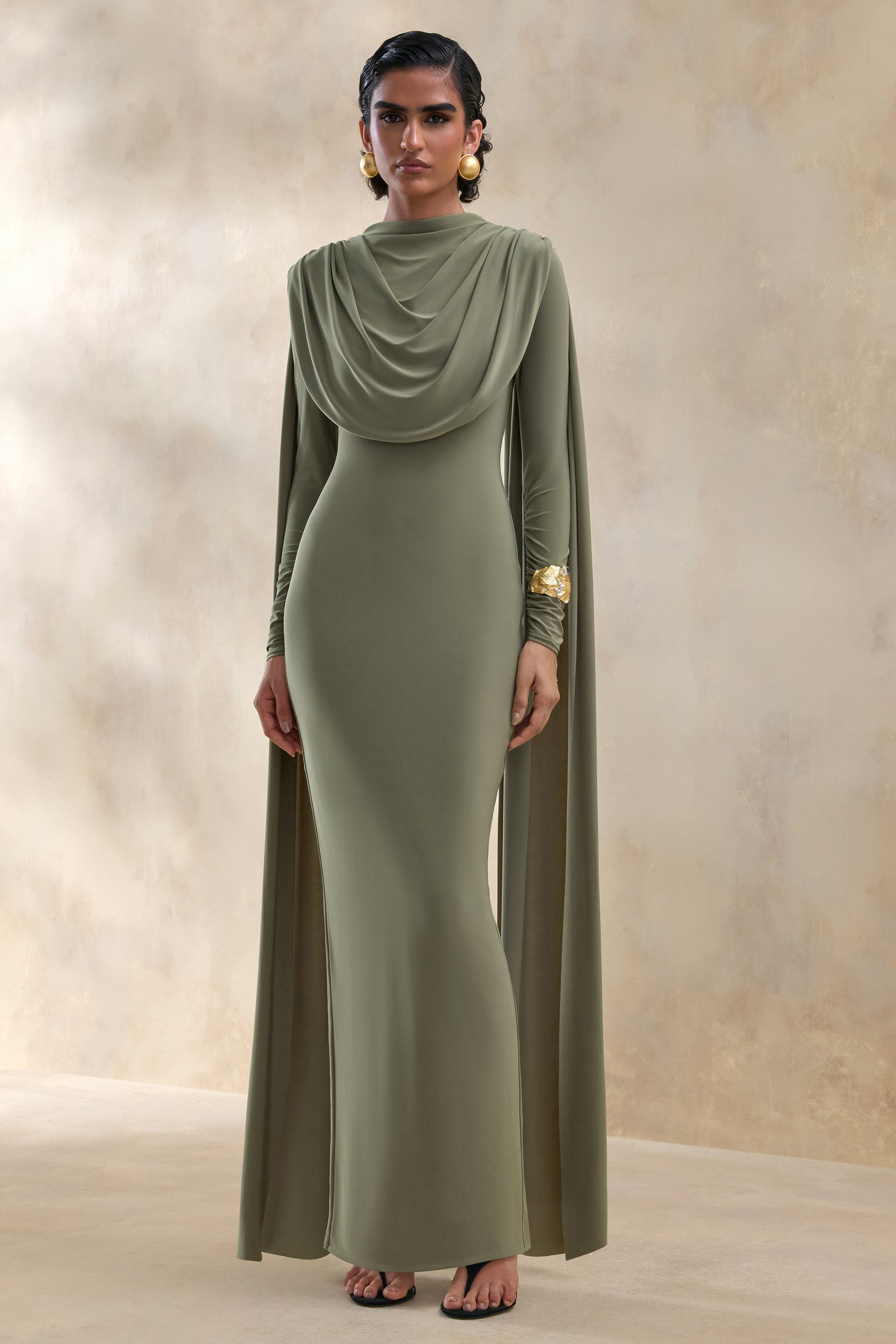ECM_HR_CL137655031 - Lysoria | Olive High-Neck Maxi Dress With Draped-Detailing And Cape-Sleeves 1.jpg