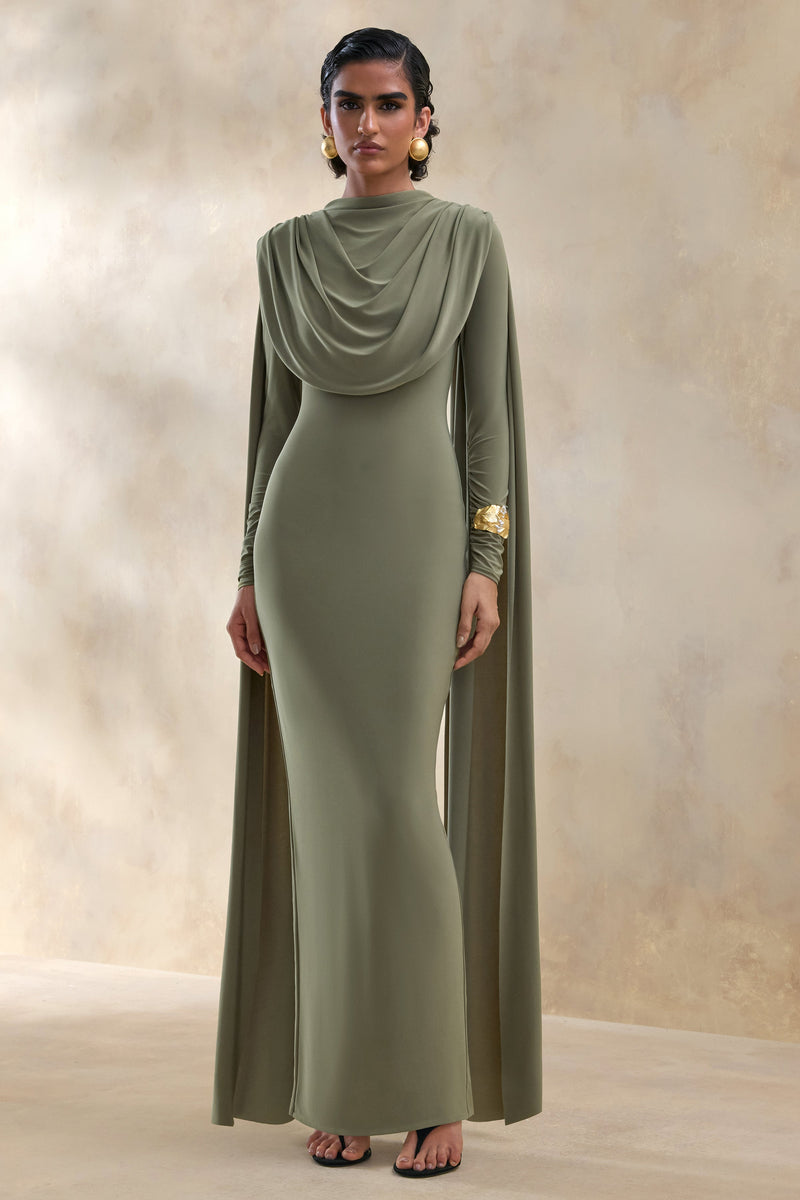 ECM_HR_CL137655031 - Lysoria | Olive High-Neck Maxi Dress With Draped-Detailing And Cape-Sleeves 1.jpg