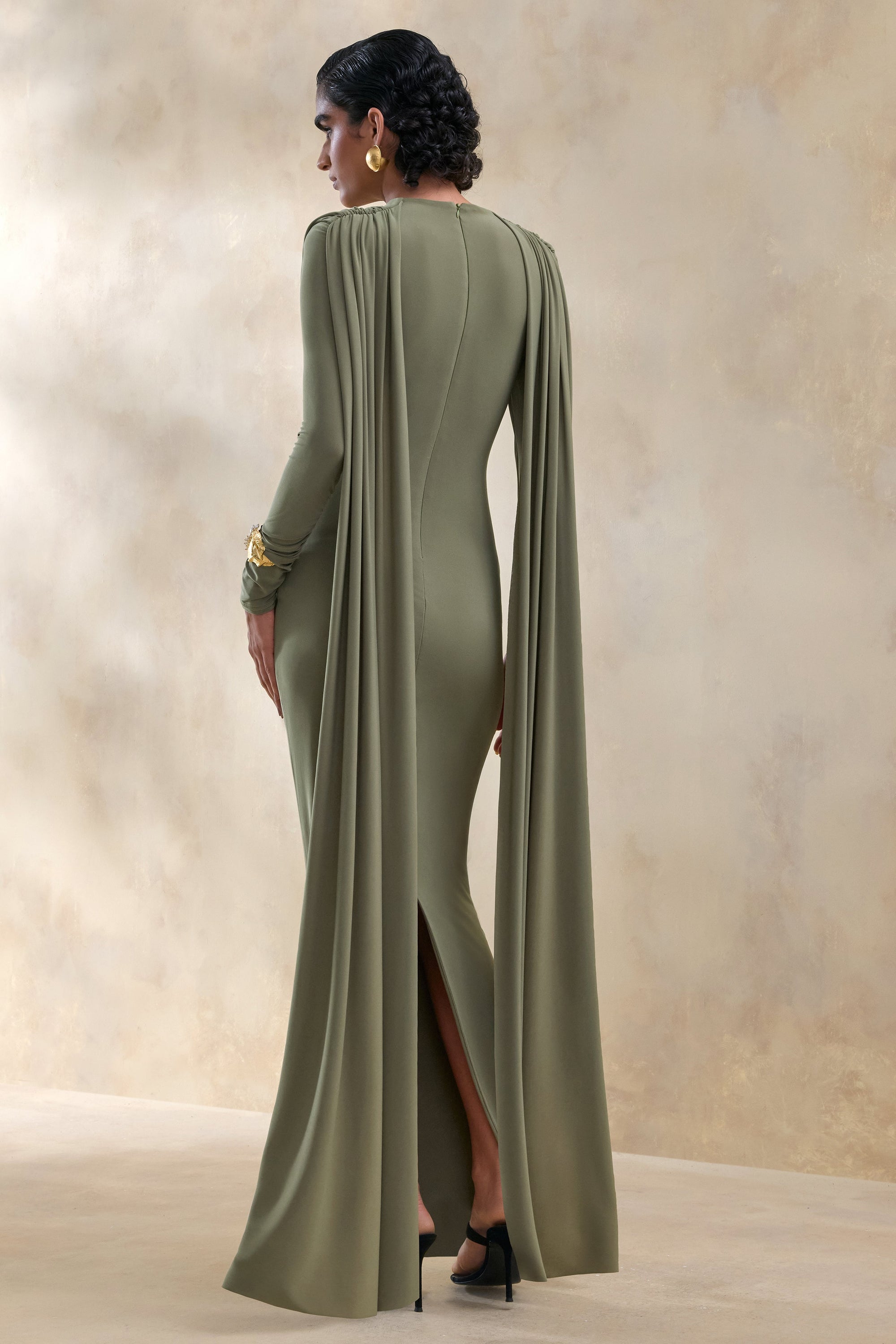 ECM_HR_CL137655031 - Lysoria | Olive High-Neck Maxi Dress With Draped-Detailing And Cape-Sleeves 2.jpg